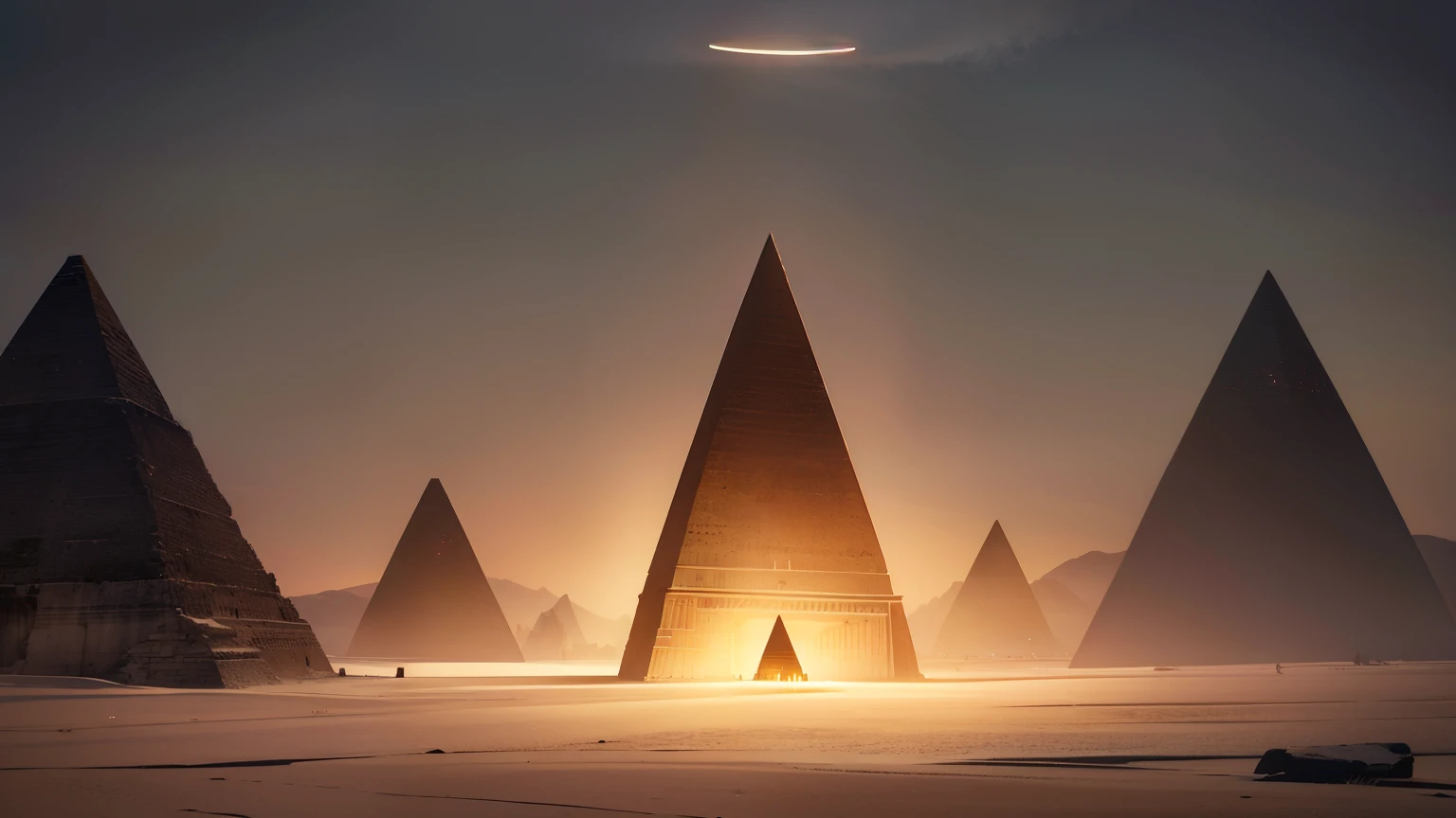 In a distant future, an AI image generator conjures up a haunting scene: a hollow halo hovering above a mystical pyramid, casting eerie shadows across the barren landscape. The halo seems to pulsate with anticipation, as if waiting for something or someone. Incorporate elements of mystery and foreboding into the image, evoking the sense of impending doom suggested by the lyrics "Keep me waiting until you take her from me." The pyramid should loom ominously in the background, its ancient secrets waiting to be unveiled as the night descends.