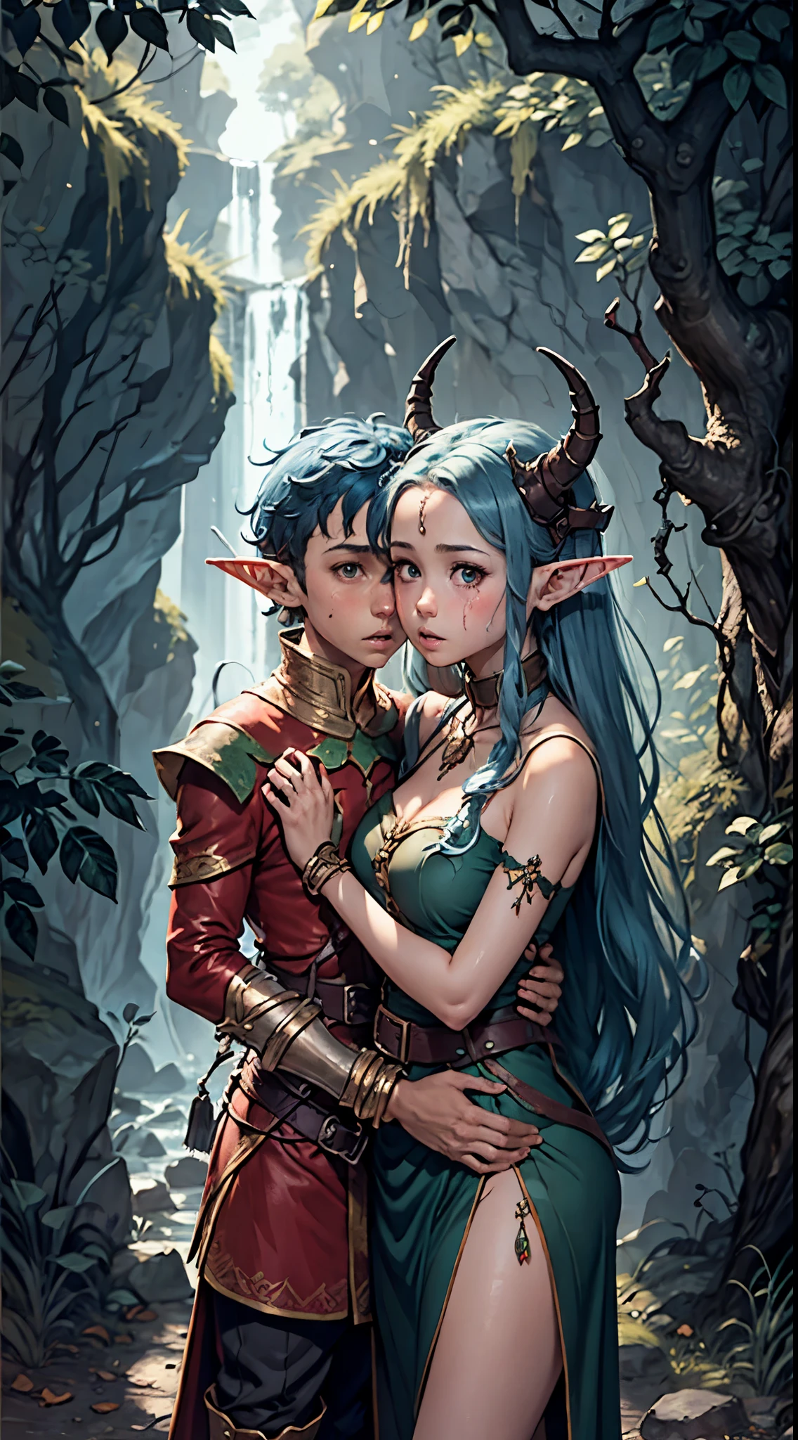 2others, couple, 1boy with 1girl, (Height difference1.3), ((elf boy:1.5) with (blue hair color) and witout horns), (daemon-like girl with (red hair and dark skin and 2 horns)), (boy defending girl:1.25), (girl hugs boy), full body, knight and lady, fantasy, closed mouth, detailed, enchanted dark forest, dark fairy tale, unconditional love, emotional connection