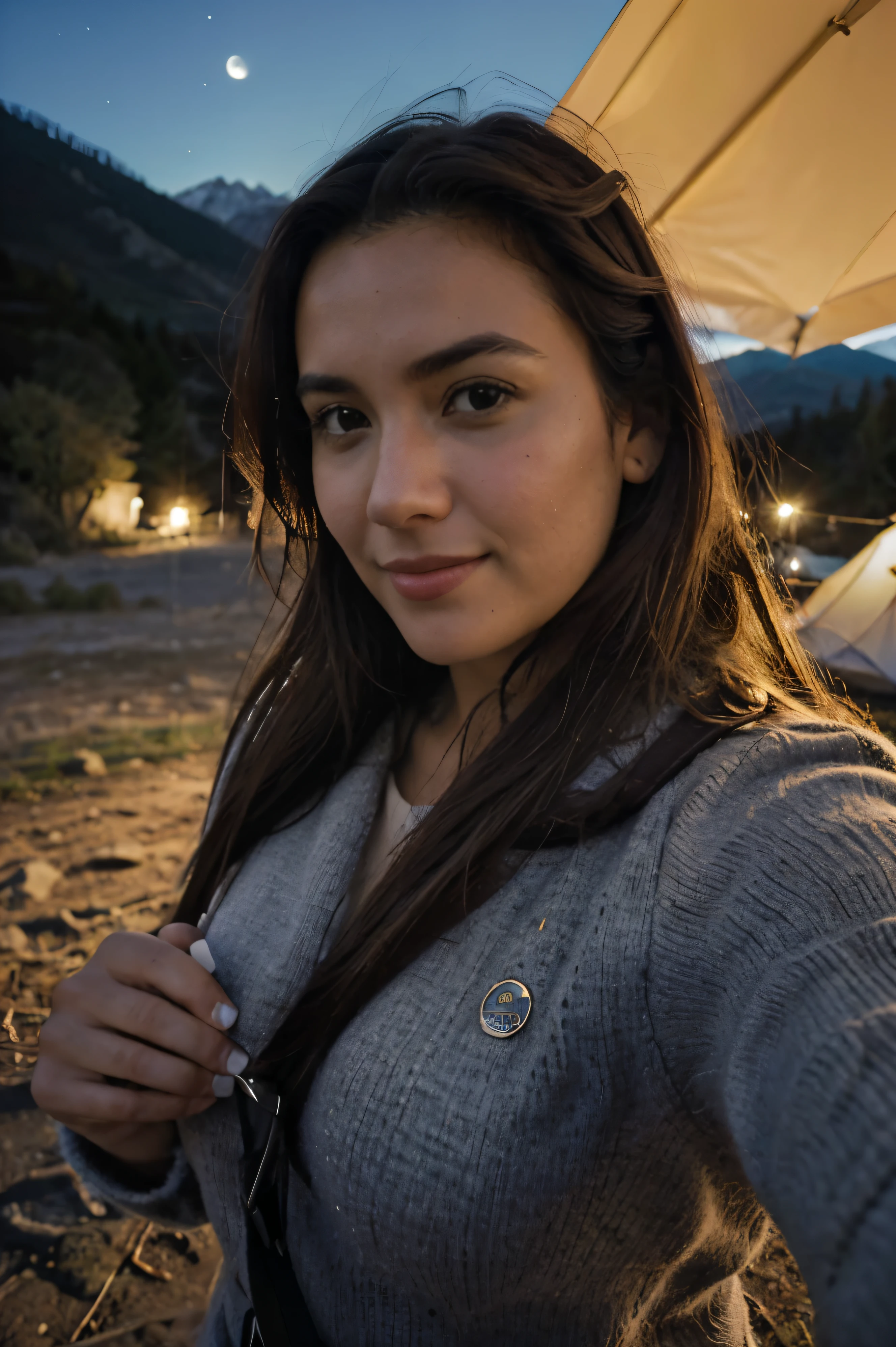 VeronicaCipher ((parte superior del cuerpo selfie, Feliz)), Obra maestra, Mejor calidad, ultra detallado, solo, al aire libre, (Noche), mountains, Naturaleza, (estrellas, luna) feliz, Feliz, mochila, bolsa de dormir, Invernadero de camping, botella de agua, Mountain boots, guantes, sweater, tiene, Linterna, bosque, rocas, river, madera, Fumar, oscuridad, contrast, cielo limpio, analog style (mirar al espectador:1.2) (textura de la piel) (film grain:1.3), (warm tone, warm tone) :1.2), de cerca, cinematic light, side lighting, Ultra high resolution, Mejor sombra, CRUDO, parte superior del cuerpo,  , vistiendo jersey kodak vision 3,