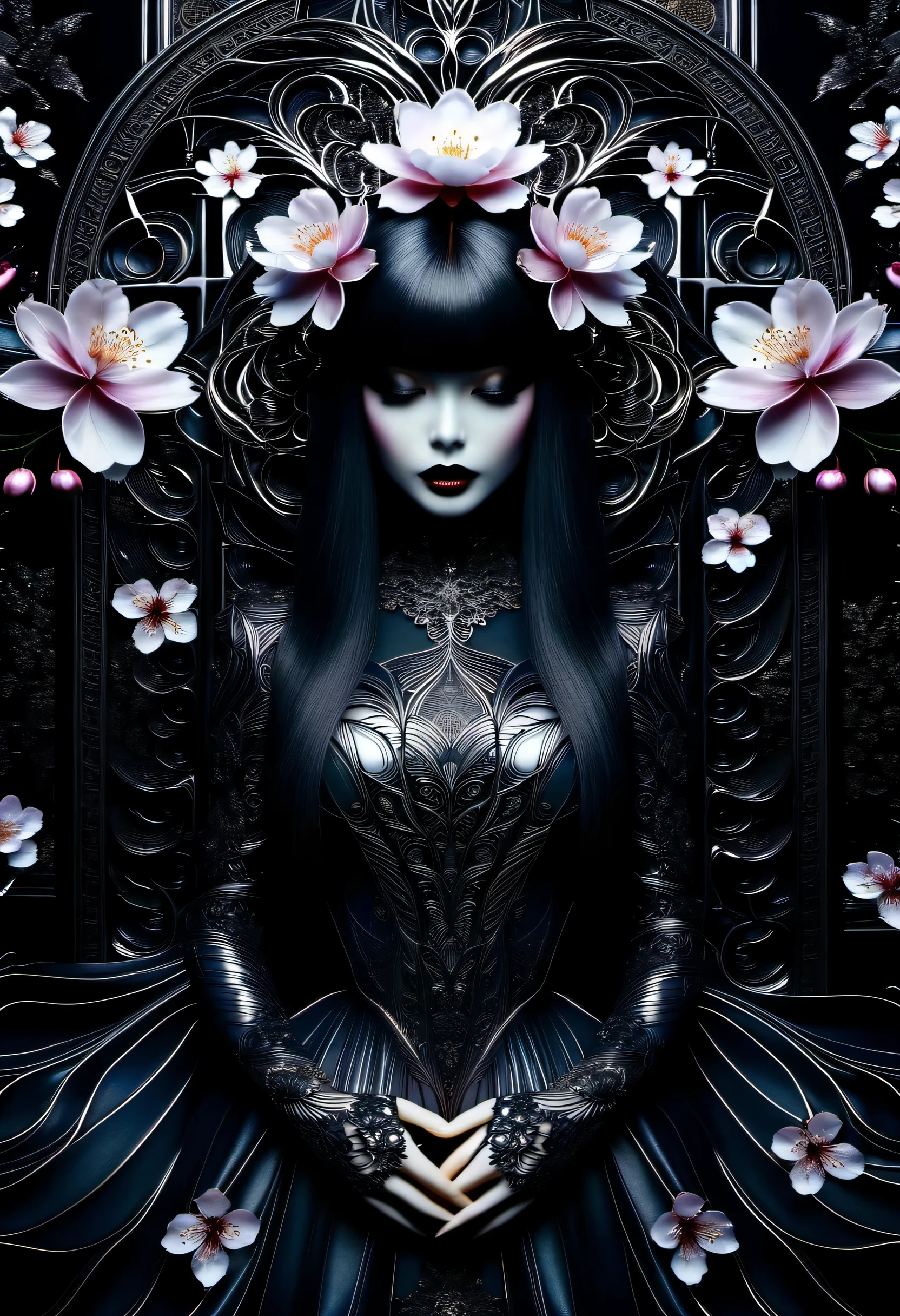 symmetry photography, dark fantasy realism, mythical and beautiful、gothic girl noir, Illusion coating and background cherry metal, highest quality, (((Complex:1.3))), Precise bush stroke, add awesome elements, Beautiful detailed background glow, smooth and perfect skin,
