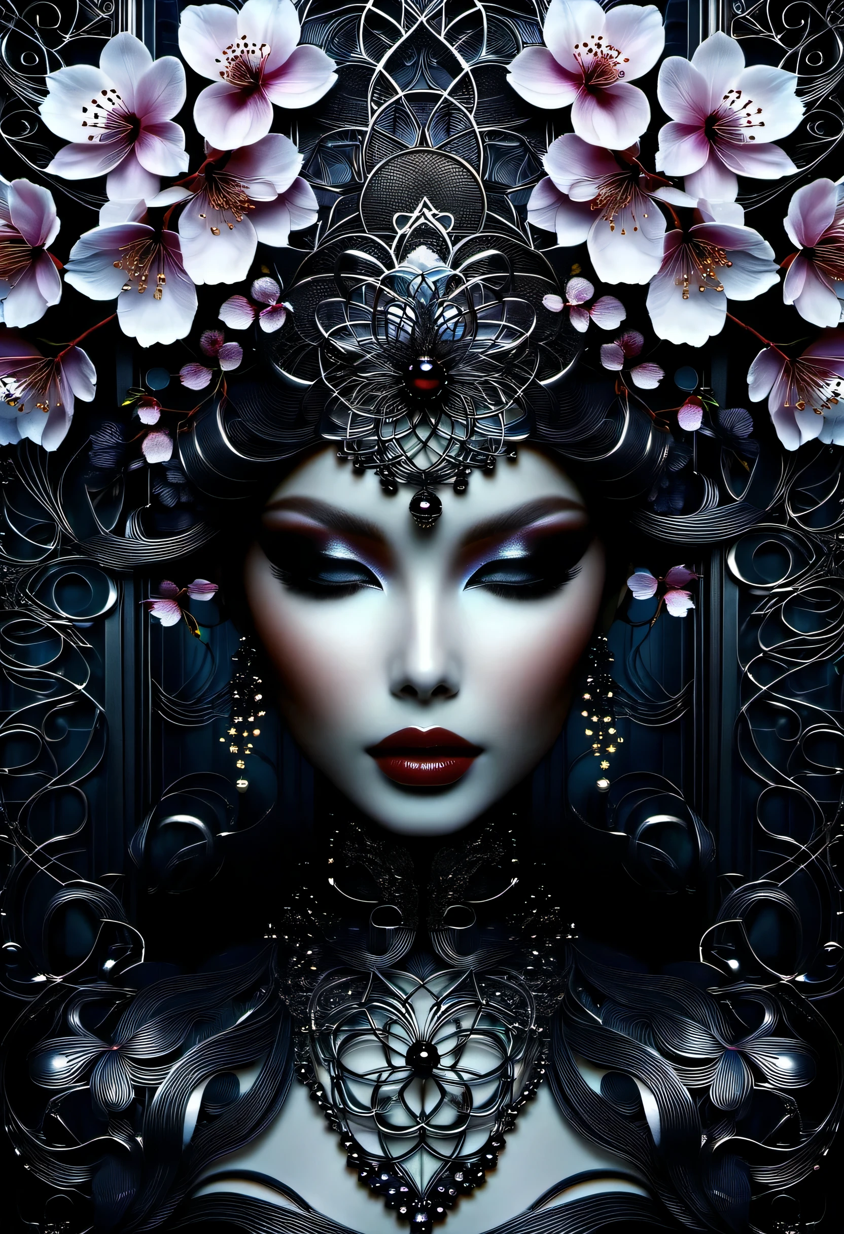 symmetry photography, dark fantasy realism, mythical and beautiful、gothic girl noir, Illusion coating and background cherry metal, highest quality, (((Complex:1.3))), Precise bush stroke, add awesome elements, Beautiful detailed background glow, smooth and perfect skin,