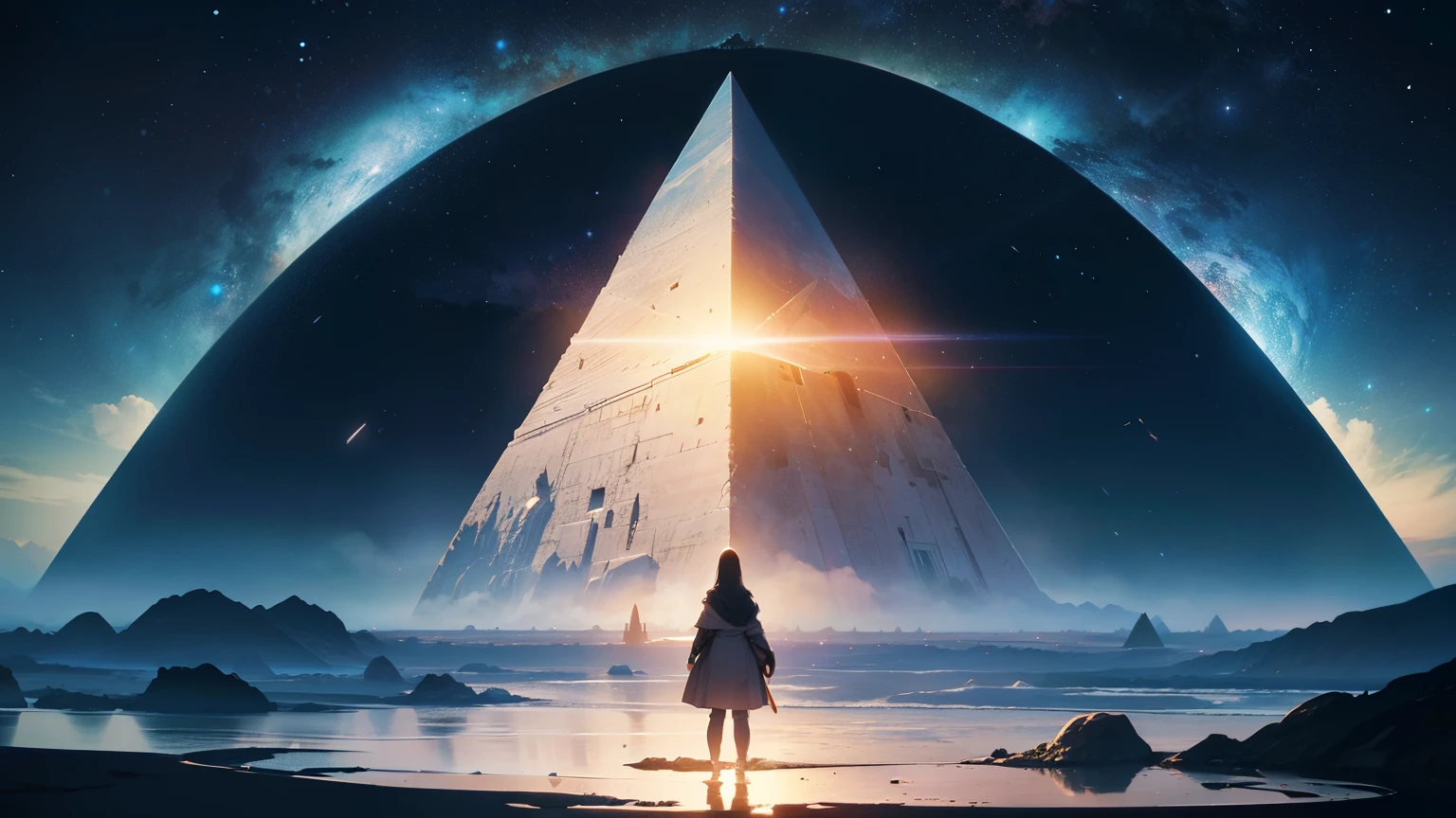 Enter a world where the mysteries of time and space converge in a mesmerizing display captured by an AI-generated image. Behold a futuristic landscape dominated by a mystical pyramid, its enigmatic structure towering towards the heavens. Bathed in the ethereal glow of an otherworldly light, the pyramid seems to pulsate with the very essence of existence.

Amidst this cosmic backdrop, a lone figure stands, their gaze fixed upon the horizon where time bends and twists. In their eyes, a mixture of sorrow and determination, for they know that when the time comes to say goodbye, they will not traverse the void alone. The lyrics echo in their mind, a solemn promise that transcends the boundaries of life and death: "You won’t leave this world alone, I'll see you when it ends."

As the figure prepares to embark on their journey through the infinite expanse of the universe, they can hear the faint whispers of unseen forces calling out to them, guiding them towards their destiny. In this surreal tableau, the viewer is invited to ponder the mysteries of existence and the eternal bonds that connect us all, even across the vast reaches of time and space.