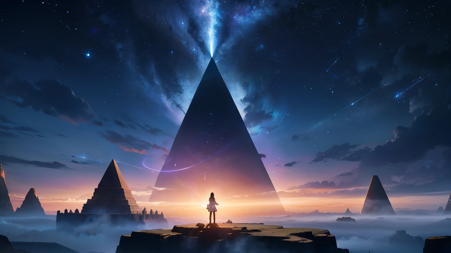 Venture into a futuristic realm where an AI-generated image unveils a breathtaking scene: a mystical pyramid rises from the swirling mists of an alien landscape, its ancient stones bathed in the soft glow of celestial light. Above, the night sky shimmers with the promise of cosmic wonders, as distant stars twinkle like beacons in the darkness.
As the lyrics reverberate through the ether, a sense of reverence fills the air, for the inhabitants of this world know that the cycle of night and light is not just a cosmic phenomenon, but a sacred rhythm that governs the very fabric of existence. The pyramid stands as a testament to this eternal truth, its form a symbol of timeless wisdom and divine power.
In the foreground, figures clad in futuristic attire gather in quiet contemplation, their faces upturned towards the heavens in silent prayer. For they understand that with each passing night, a new dawn awaits, bringing with it the promise of renewal and rebirth. As they praise the night and the light that will come again, the viewer is transported into a world where the boundaries between science and spirituality blur, and the mysteries of the cosmos unfold in all their splendor.
