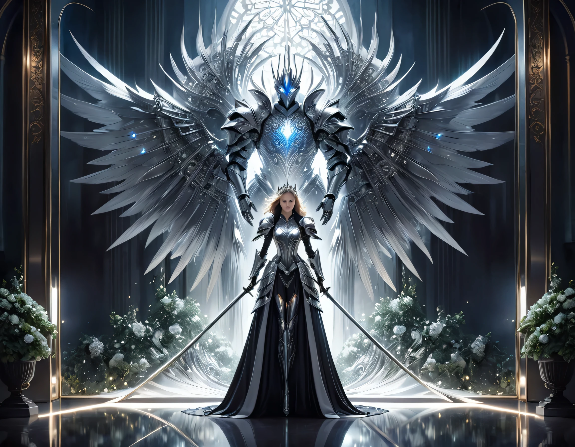 Symmetry Kagemusha Elegance, dark fantasy realism, Gothic queen knight and mythical beautiful, sharp optical illusion coating, background glass and metal, lit, highest quality, (((Complex:1.3))), Precise bush stroke, add awesome elements, Beautiful detailed background glow, smooth and perfect skin, Intricate and elaborate armor and swords,