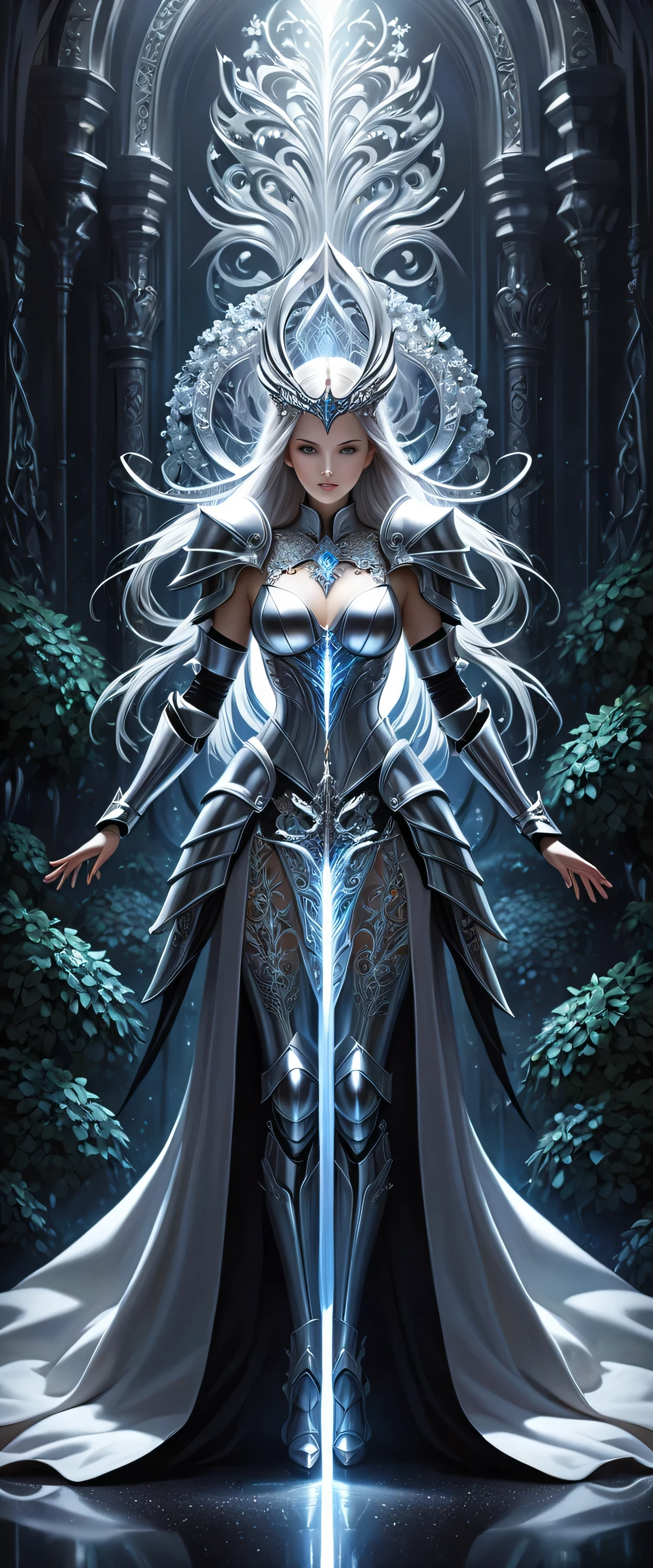 Symmetry Kagemusha Elegance, dark fantasy realism, Gothic queen knight and mythical beautiful, sharp optical illusion coating, background glass and metal, lit, highest quality, (((Complex:1.3))), Precise bush stroke, add awesome elements, Beautiful detailed background glow, smooth and perfect skin, Intricate and elaborate armor and swords,