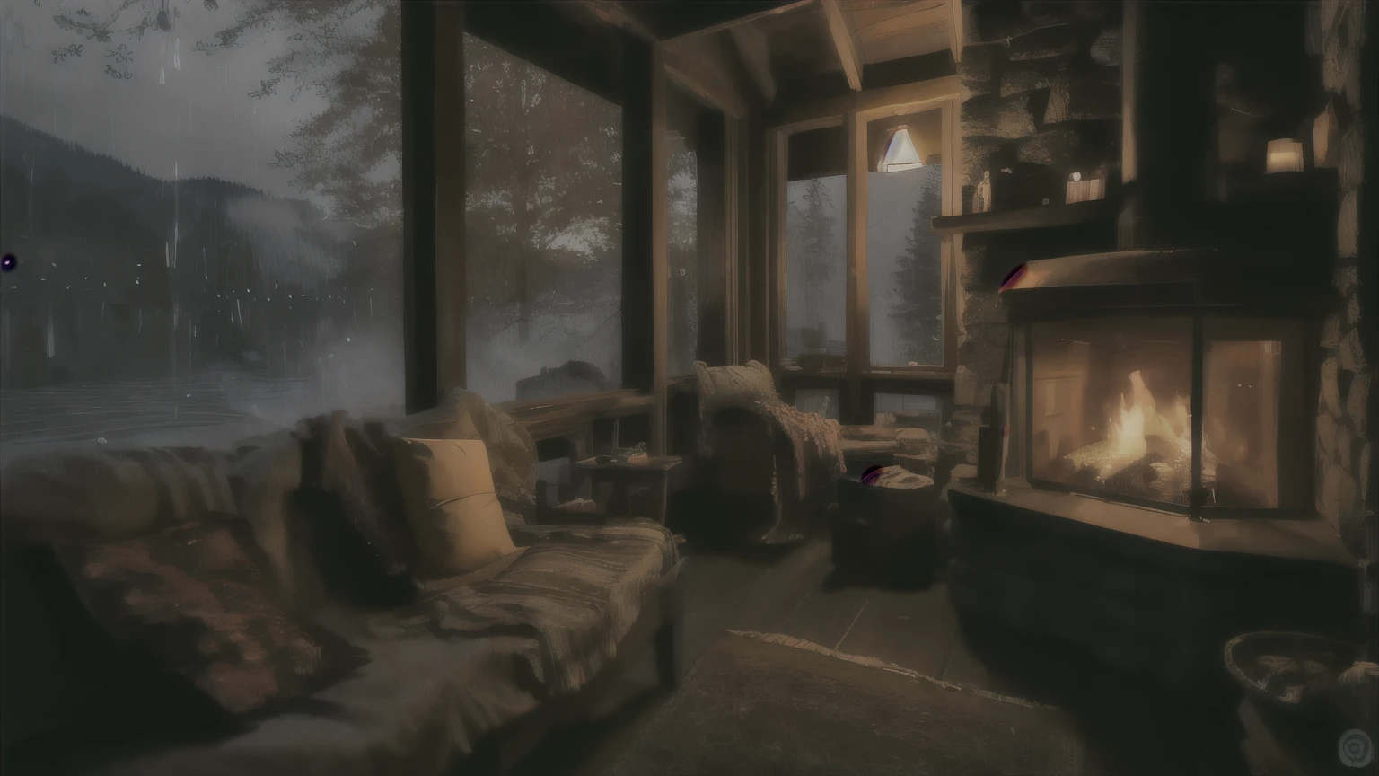 A rough living room with a fire in the fireplace々nice view, cozy place, Cozy and peaceful atmosphere, cozy environment, inside the hut, cozy atmosphere, cozy environment, Cozy and calm, in a cabin, Cabin Light, Quiet and peaceful atmosphere, cozy wallpaper, cozy atmosphere, A relaxing and pleasant landscape, cozy atmosphere, relaxing environment, Calm evening atmosphere