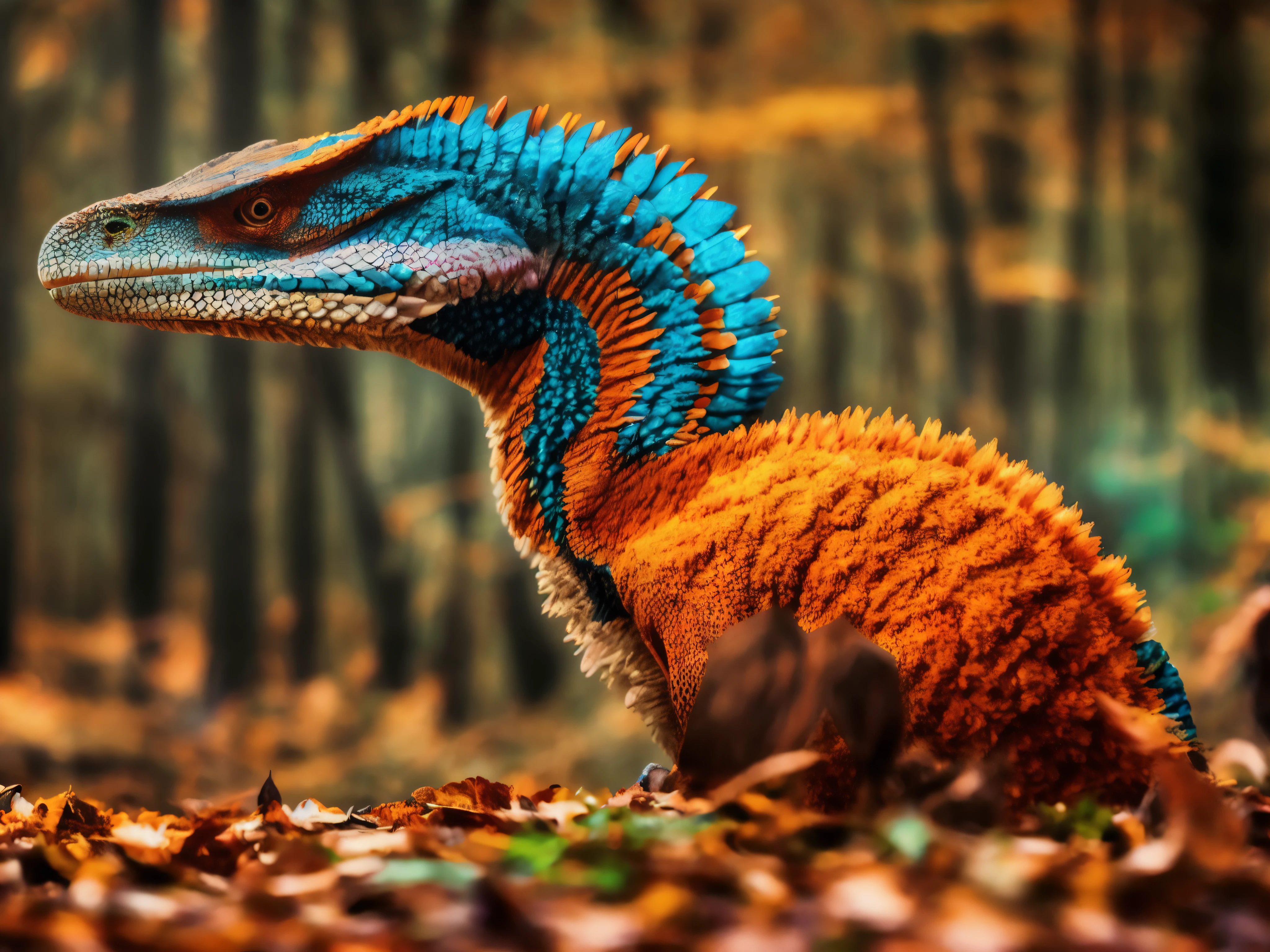 compose an ultraasharp image showcasing a majestic Velociraptor reptile with a fiery palette of orange and red feathers. The bird's eye should be a striking turquoise, set against the contrasting plumage, with a sharp, curved Jaws. The feathers are detailed with varying shades, adding a sense of texture and depth. In the background, include soft, out-of-focus lights in the autumn forest to give an ethereal, bokeh effect that complements the ultrasharp focus on the reptile´s head., Movie Still,Movie Still