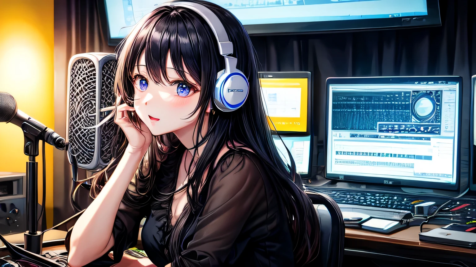 Finest images、Radio Studio、30 generation women、medium long hair、headphone、recording、illumination、black hair、blouse、one person、Mike stand