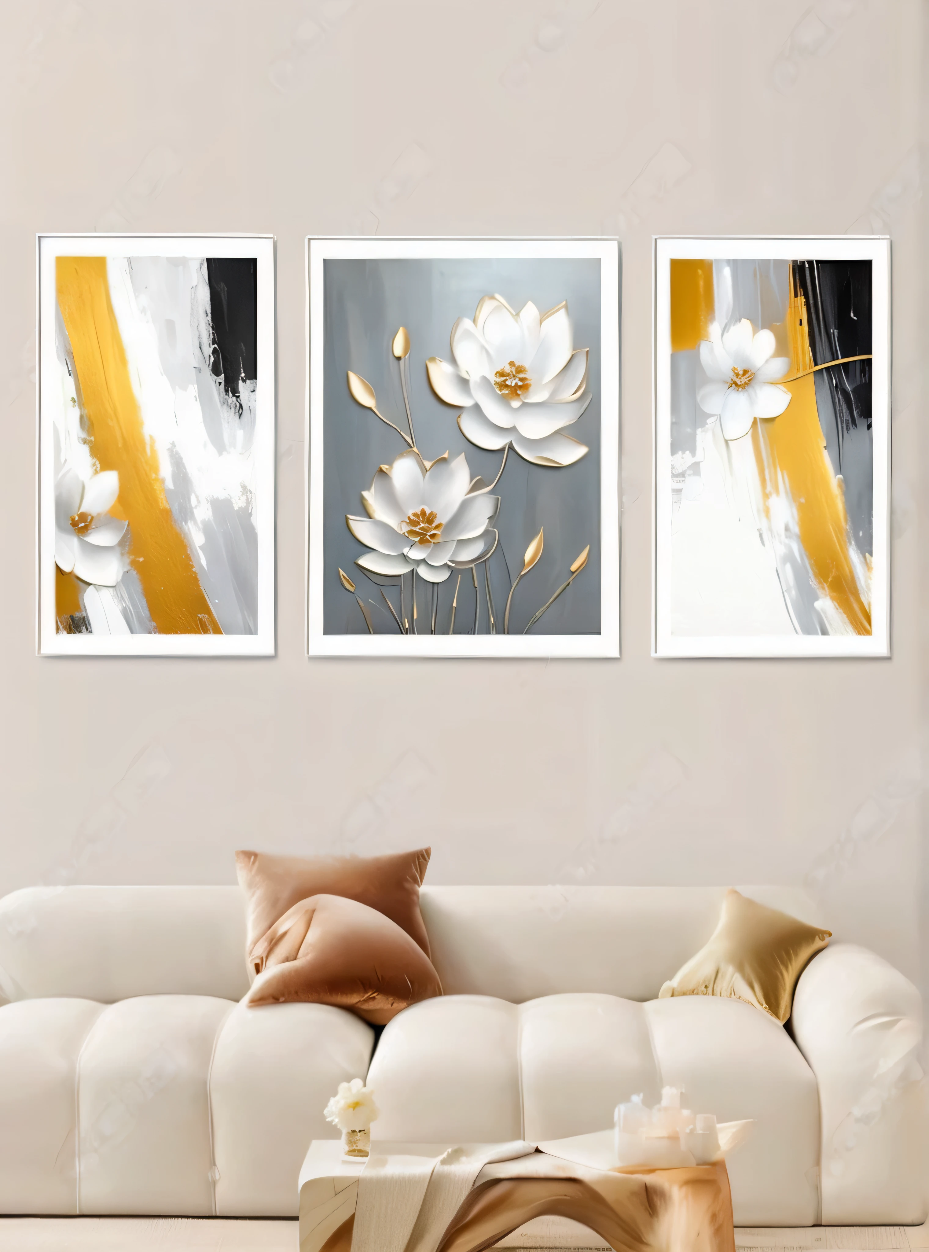 three paintings of flowers on a wall above a couch, canvas art, clean elegant painting, painting art work, paintings, elegant and refined painting, glossy painting, art decoration, brush stroke oil painting, abstract minimalism art painting, modern art style, high quality painting, silver white and gold, trending artistic art, abstract minimalist painting, canvas painting, art painting, artwork