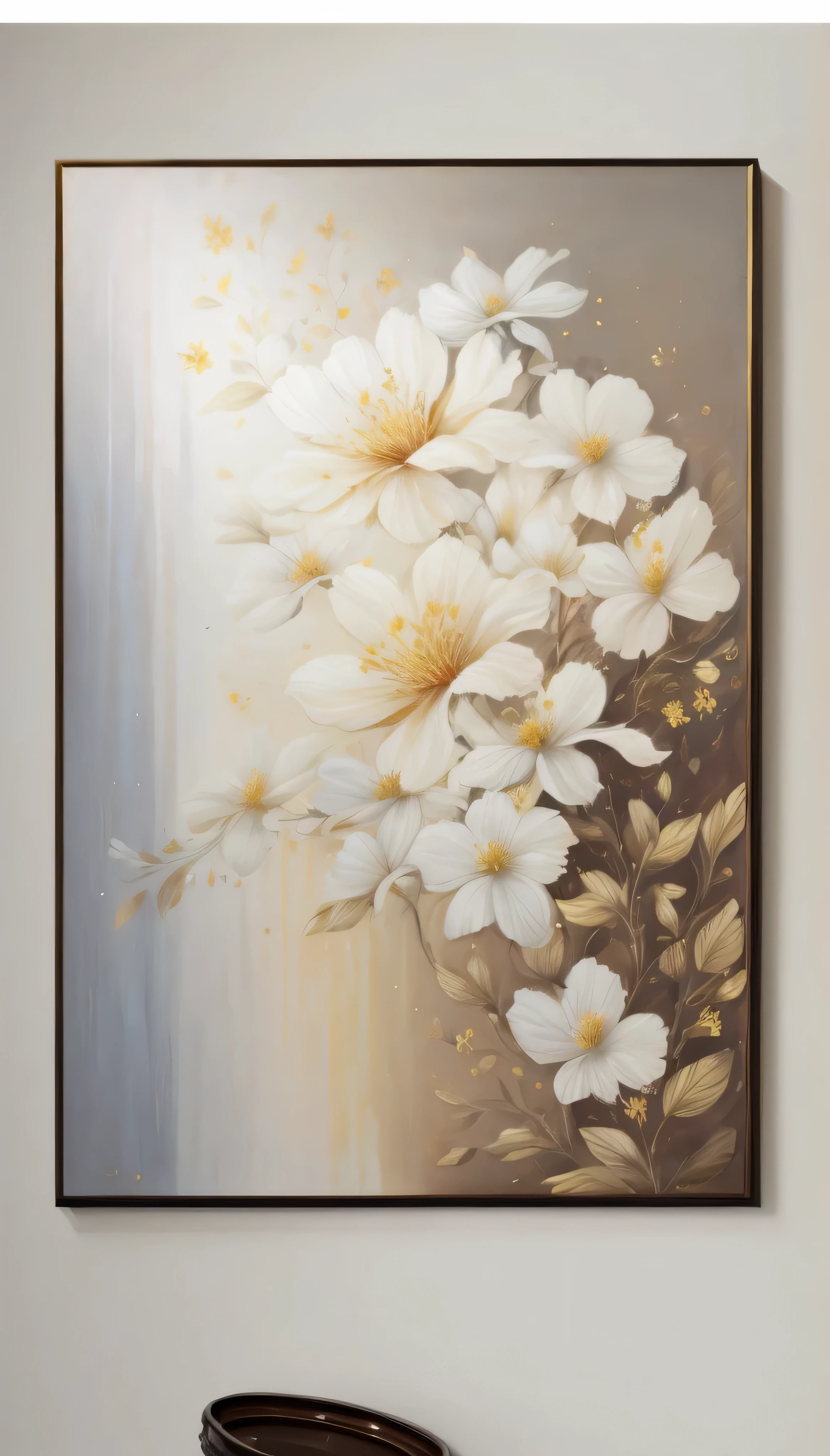 a close up of a painting of flowers on a wall, elegant and refined painting, elegant oil painting, realistic flowers oil painting, gold leaf painting, smooth oil painting, gold flaked flowers, high quality painting, clean elegant painting, gold flowers, ntricate oil painting, high detail oil painting, high detail painting, thick oil painting, detailed 4 k oil painting