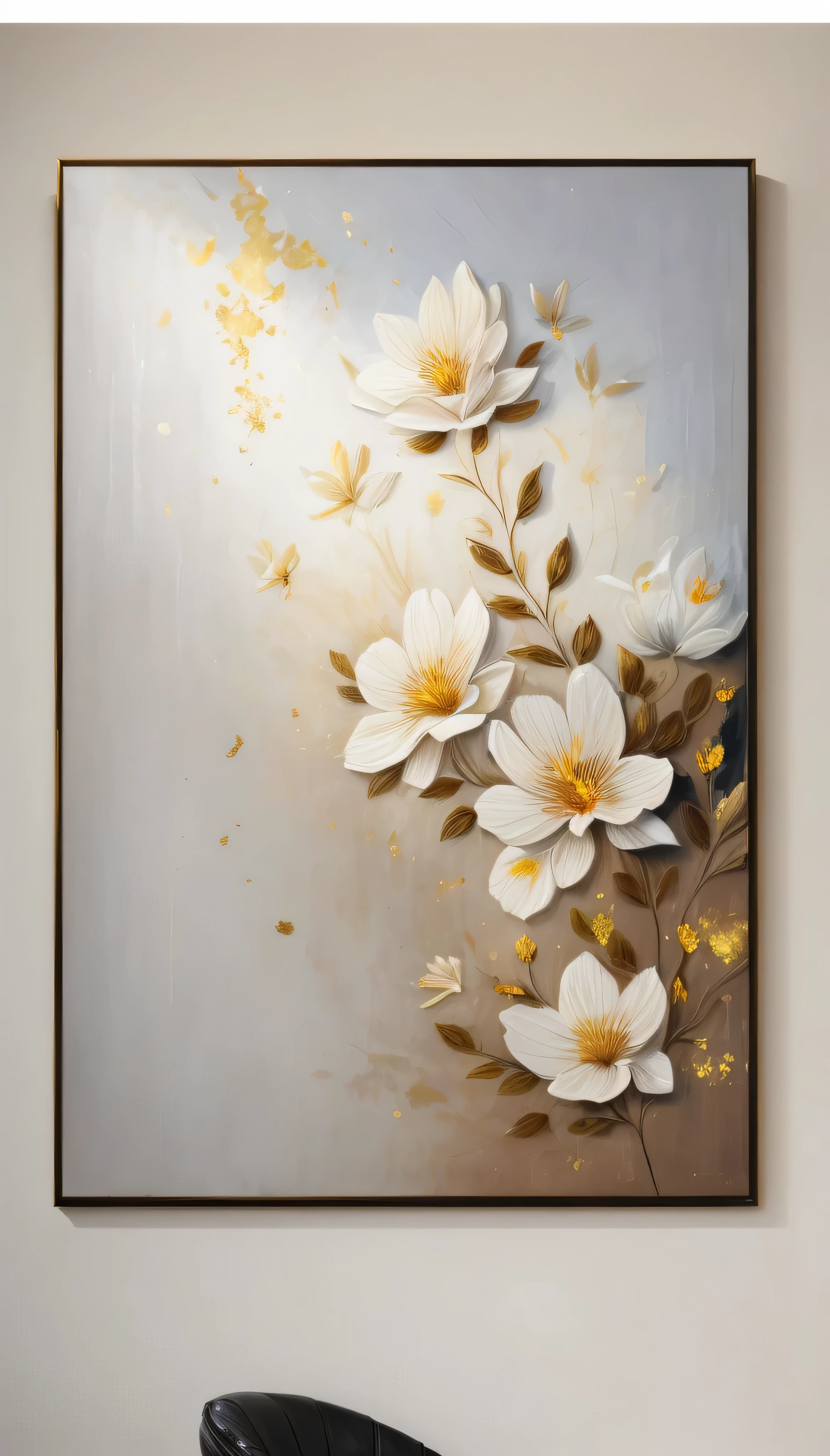 a close up of a painting of flowers on a wall, elegant and refined painting, elegant oil painting, realistic flowers oil painting, gold leaf painting, smooth oil painting, gold flaked flowers, high quality painting, clean elegant painting, gold flowers, ntricate oil painting, high detail oil painting, high detail painting, thick oil painting, detailed 4 k oil painting