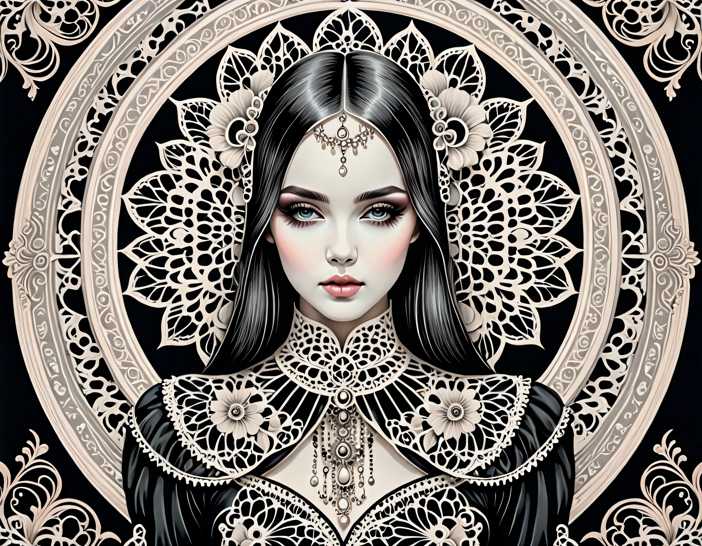 Symmetrical illustration in pastel tones, Eternal gothic girl in antique costume, Ultimate intricate brush strokes, Decorative design, single color coating,