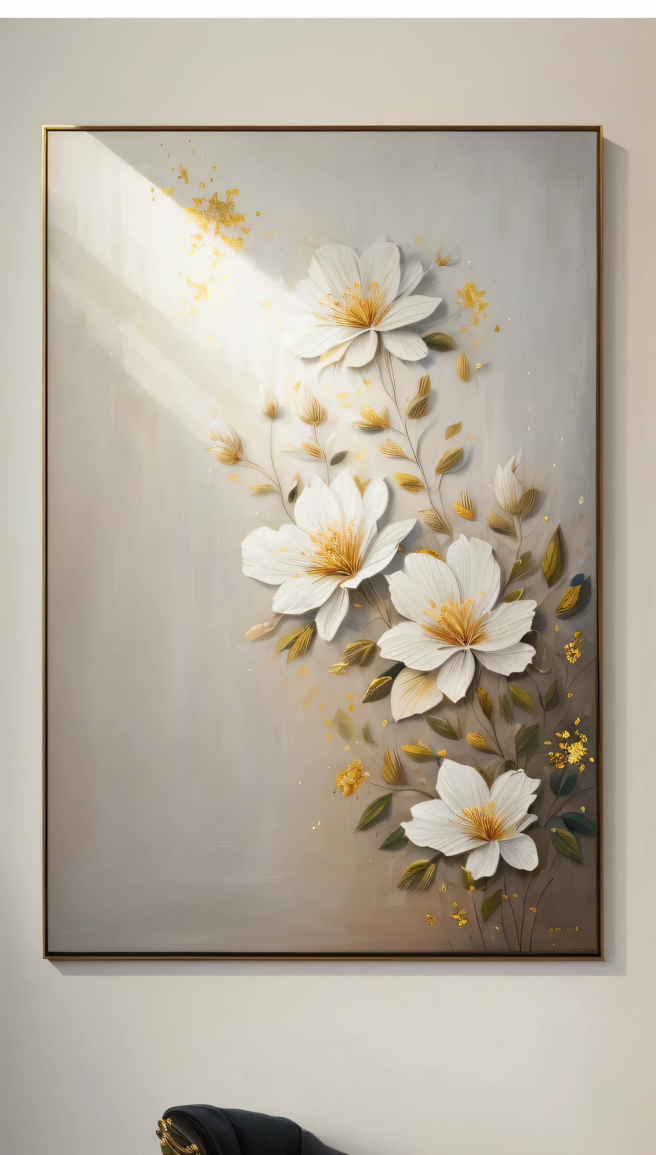 a close up of a painting of flowers on a wall, elegant and refined painting, elegant oil painting, realistic flowers oil painting, gold leaf painting, smooth oil painting, gold flaked flowers, high quality painting, clean elegant painting, gold flowers, ntricate oil painting, high detail oil painting, high detail painting, thick oil painting, detailed 4 k oil painting