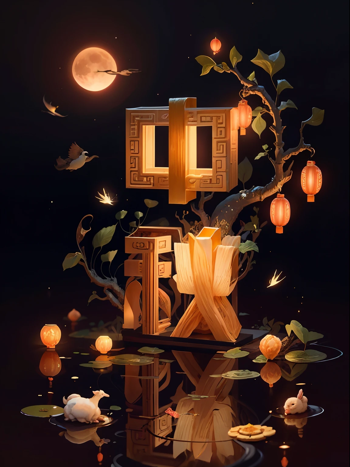 (golden chinese garden),moon cake,full moon,golden tree,rabbit,,Dream,waterfall cascade,Artifact light effect,masterpiece,Super exquisite,three-dimensional,super rich,Super detailed,32k,glittering gold all around,Mid-Autumn Festival,magnificent background