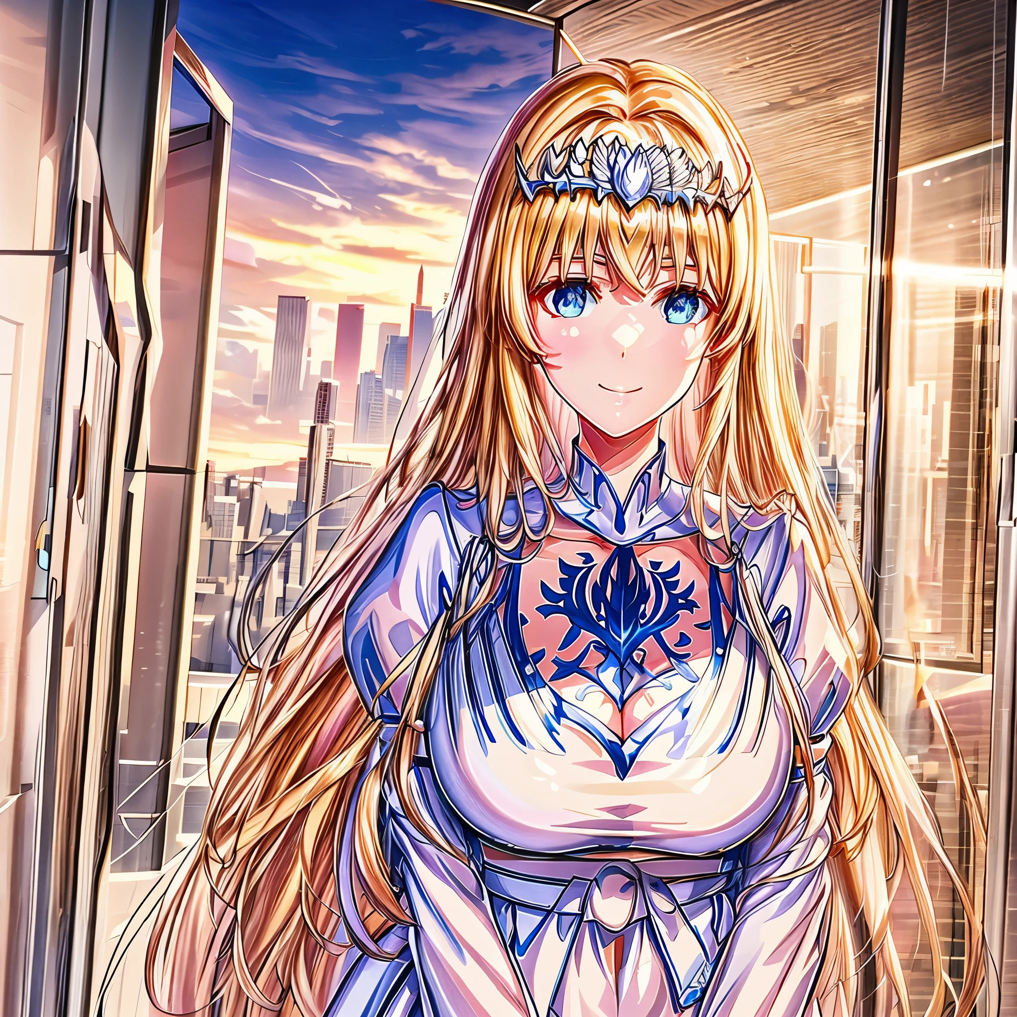 Best Quality, masutepiece, Utaha,  , JSmile, wrist scrunchie, Simple background, Scrunchie, cleavage, , blush, Hands-on Headwear, 1angel, solo, Calca, Calca Bessarez, blonde hair, extremely long hair, very long hair, white tiara, white dress, blue eyes, medium chest, very huge white wings