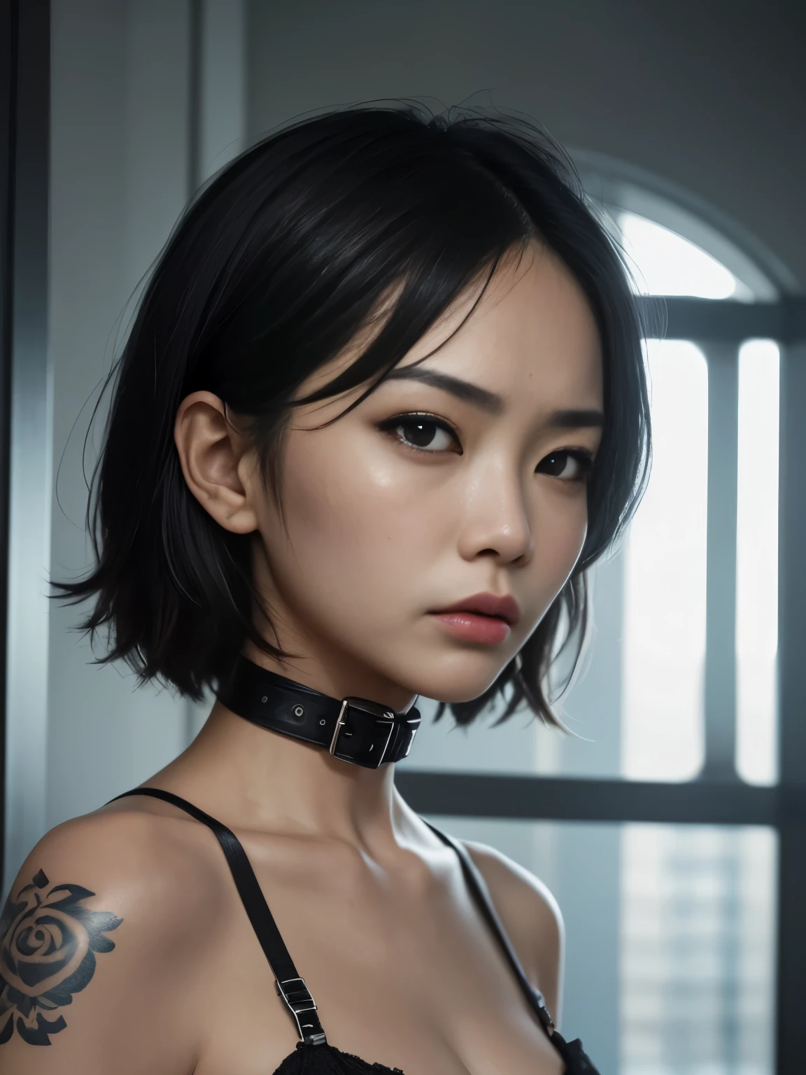 (top-quality,8K,​masterpiece)Japanese Models,Bewitching beauty,Colossal ,Inviting look,(A detailed eye,Detailed lips),Precision necklace,gyuru,Jewel Earrings,Painted on the waist,fullnude,Cinematic,a wet body,wetting hair, ((hair style(Asymmetrical pixie cut hair. One side short, other side chin-length. Sleek, straight, side-parted. Modern, edgy style. with side-swept bangs,:1.3)),