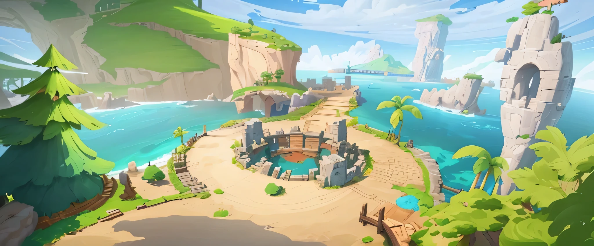 There is a photo of a small island with a bridge, island background, background art, stylized concept art, stadium background, stylized game art, background artwork, stadium background, mobile game art, mobile Game background, breeze background, UI game environment design,, Game background, Kingdom background, Landscape Game Concept Art，4k，8k，ultra high definition