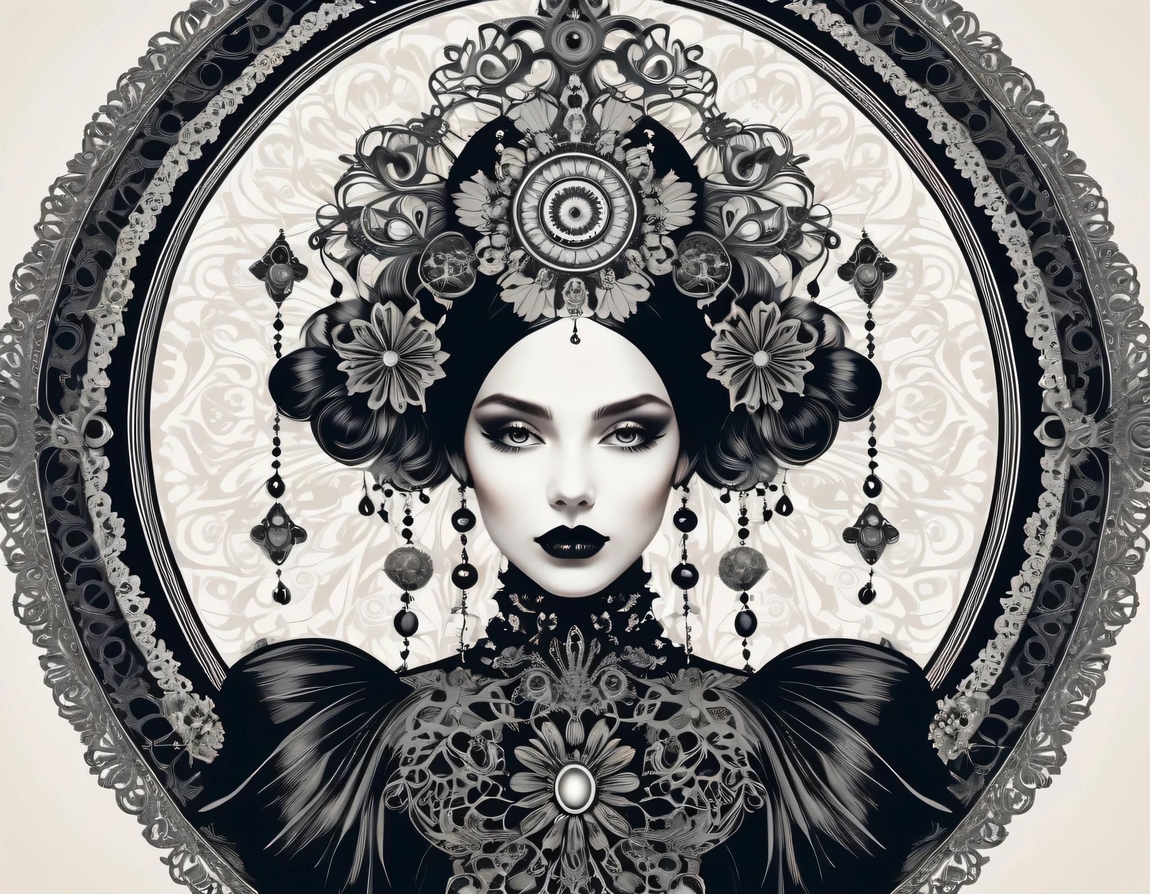 Symmetrical illustration in pastel tones, Eternal gothic girl in antique costume, Ultimate intricate brush strokes, Decorative design, single color coating,
