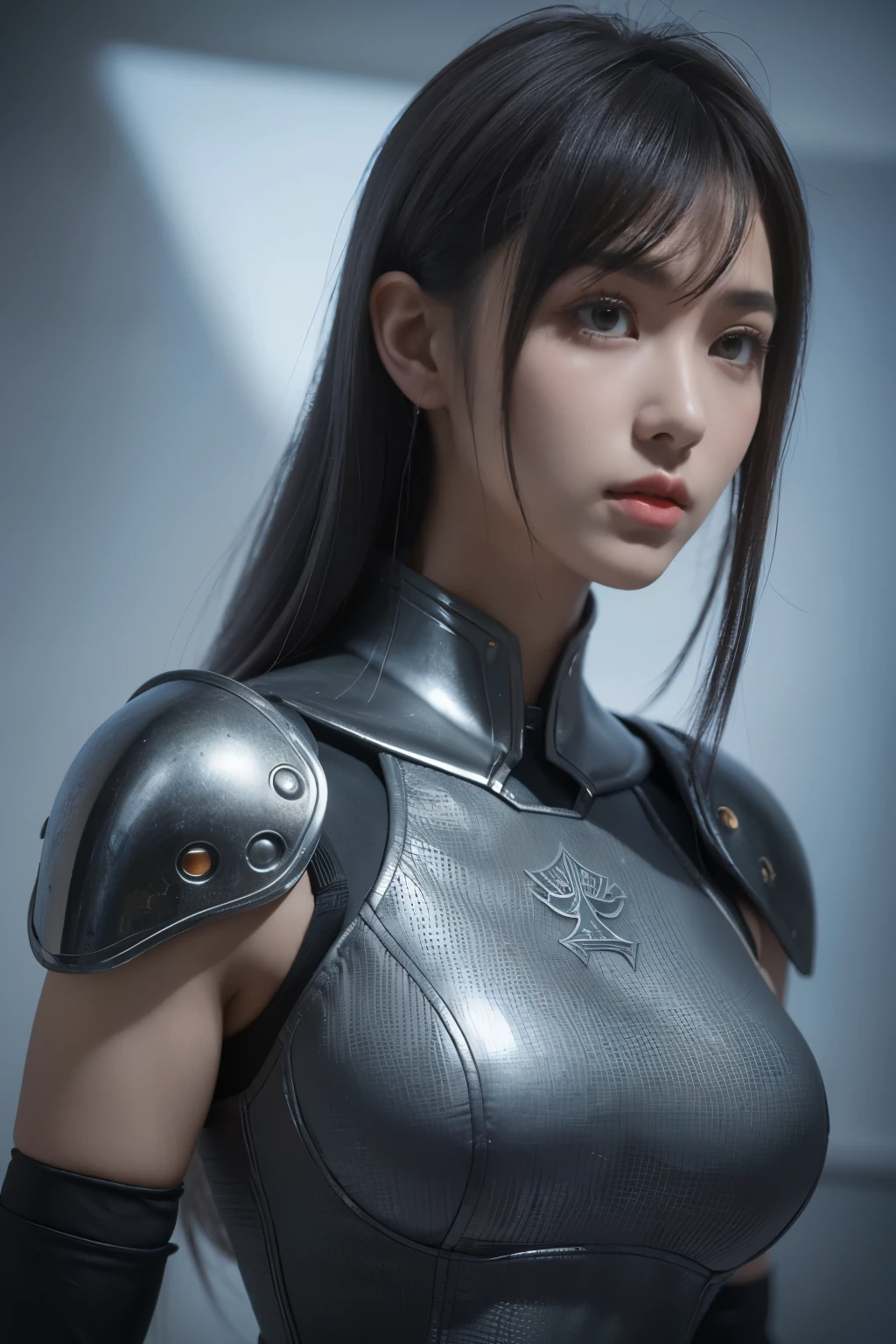 Masterpiece,Game art,The best picture quality,Highest resolution,8K,(Portrait),Unreal Engine 5 rendering works,(Digital Photography),((Portrait Feature:1.5)),
20 year old girl,Short hair details,With long bangs,(The red eye makeup is very meticulous),(With long gray hair:1.4),(Large, full breasts),Elegant and noble,Brave and charming,
(Future armor combined with the characteristics of ancient Chinese armor,Hollow design,Power Armor,The mysterious Eastern runes,A delicate dress pattern,A flash of magic),Warrior of the future,Cyberpunk figures,Background of war,
Movie lights，Ray tracing，Game CG，((3D Unreal Engine))，OC rendering reflection pattern