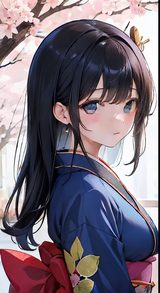 high resolution、beautiful、girl、black long hair、((center division))、god々New、(Background Senbon cherry blossom trees)、((big breasts))、((((blue kimono))))