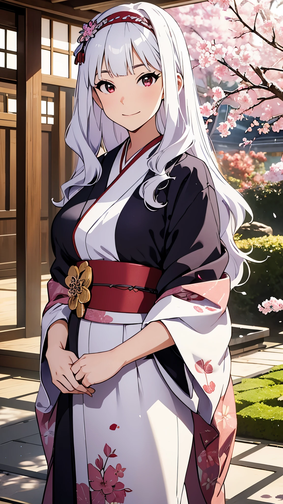 CG, unity, 8k, wallpaper, highest quality, masterpiece, lovely woman wearing a kimono, 18-year-old, white hair, white skin, looking at the garden, best lighting, complex pupils, complex textile, detailed background, in a traditional Japanese room, (A traditional Japanese garden can be seen in the background), There is a magnificent cherry tree in the garden, Cherry blossom petals are dancing, focus on background