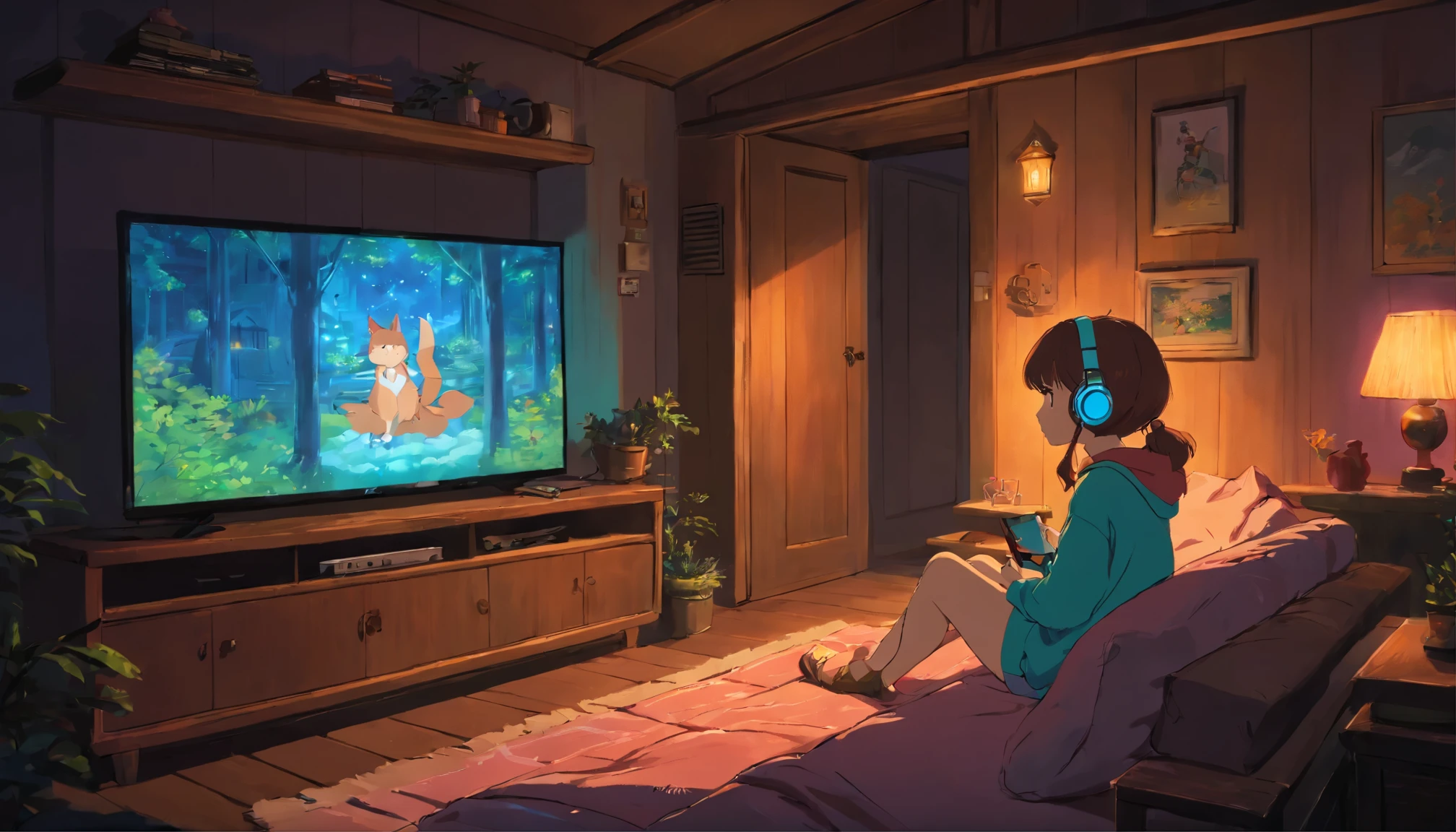 Girl watching tv in a cozy room at night, Use headphones, 2 d anime style, lo fi, hard disk, dark environment.