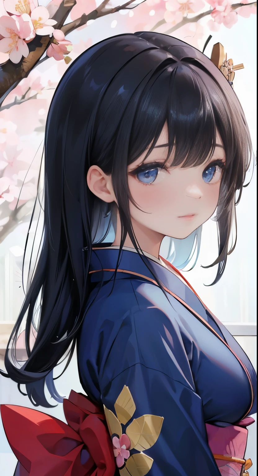 high resolution、beautiful、girl、black long hair、((center division))、god々New、(Background Senbon cherry blossom trees)、((big breasts))、((((blue kimono))))