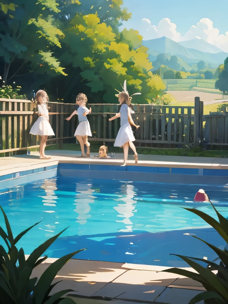 Children dancing and listening to music very fun on the side of a pool in a very beautiful farm that has a sign that says tunnel