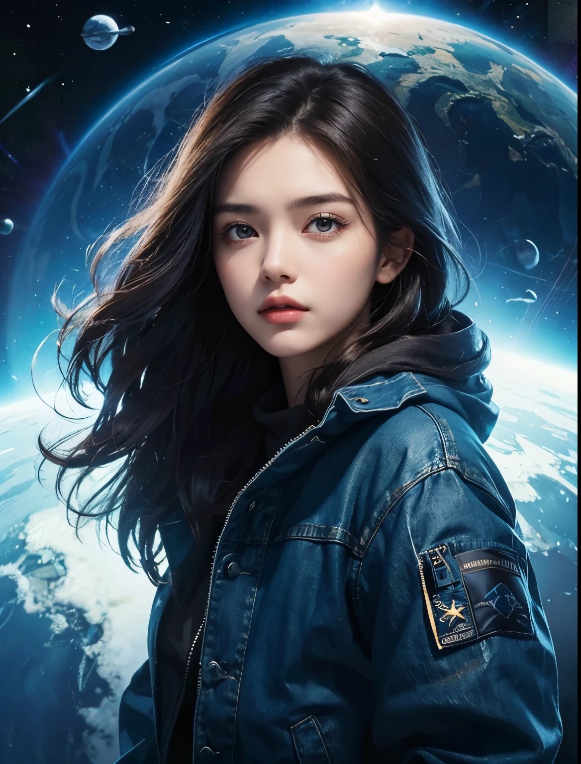 A beautiful woman. Twenty-three years old. Dark brown hair. She wears blue jeans with her jacket. She is looking at the camera with a defiant expression. An image of a giant space battleship and outer space in the space behind her.