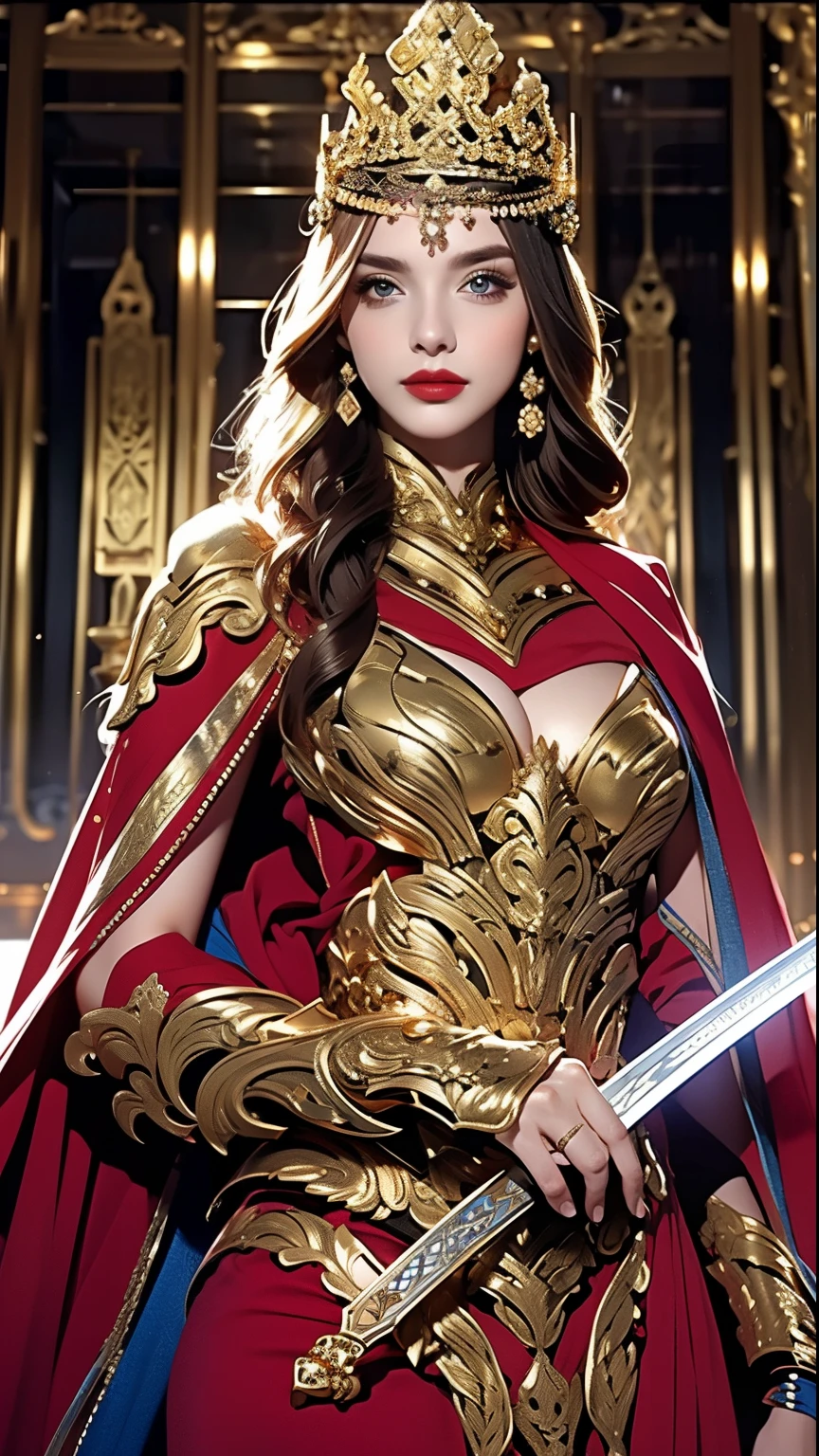 ((Best quality)), ((masterpiece)), (highly detailed:1.3),a woman wearing black armor, long hair. Holding a luxury sword, armor war scene, super cute face, super slim body, super slim, small waist, super perfect huge breast, perfect huge round breast, smooth skin, silky hair, blue eye, , red robe,blue  hijab with a princess crown , luxury golden pattern armor,  blonde, fighting style, red lips, blushing, erect nipples , 