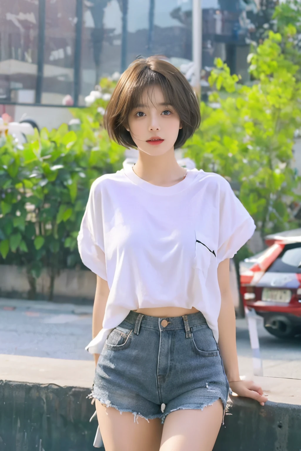 1 Girl,roadside,Soft Light,Chinese Beauty,Short sleeve,Short skirt,Dark-haired