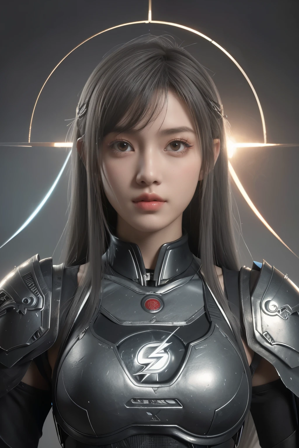 Masterpiece,Game art,The best picture quality,Highest resolution,8K,(Portrait),Unreal Engine 5 rendering works,(Digital Photography),((Portrait Feature:1.5)),
20 year old girl,Short hair details,With long bangs,(The red eye makeup is very meticulous),(With long gray hair:1.4),(Large, full breasts),Elegant and noble,Brave and charming,
(Future armor combined with the characteristics of ancient Chinese armor,Hollow design,Power Armor,The mysterious Eastern runes,A delicate dress pattern,A flash of magic),Warrior of the future,Cyberpunk figures,Background of war,
Movie lights，Ray tracing，Game CG，((3D Unreal Engine))，OC rendering reflection pattern