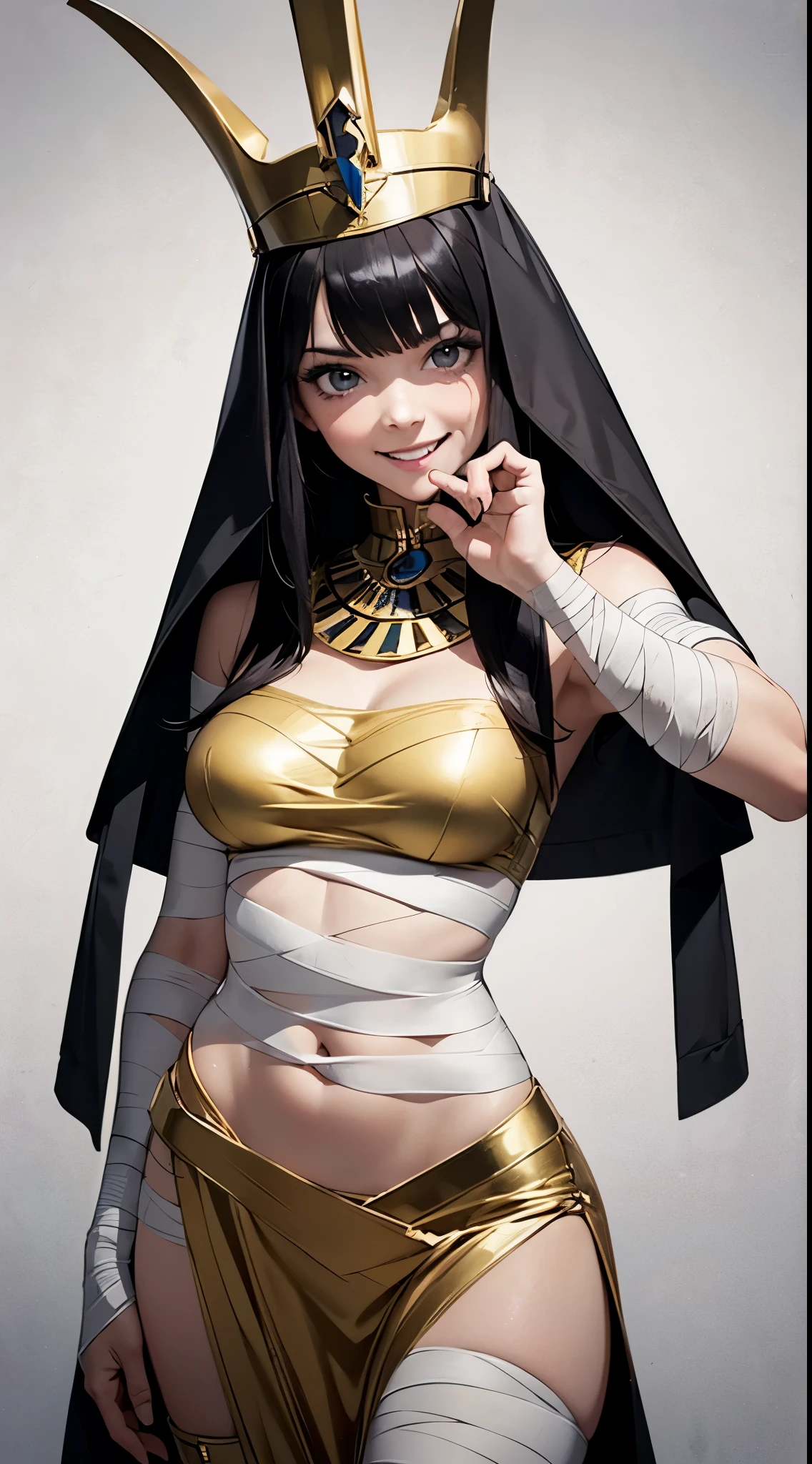 1girl,funny pose,({random} face expression),Halloween cosplay,mummy cosplay,pharaoh's outfit,cleopatra's outfit,(all body covered by bandages:1.35),smiling,detailed body,detailed face,detailed eyes,detailed hands