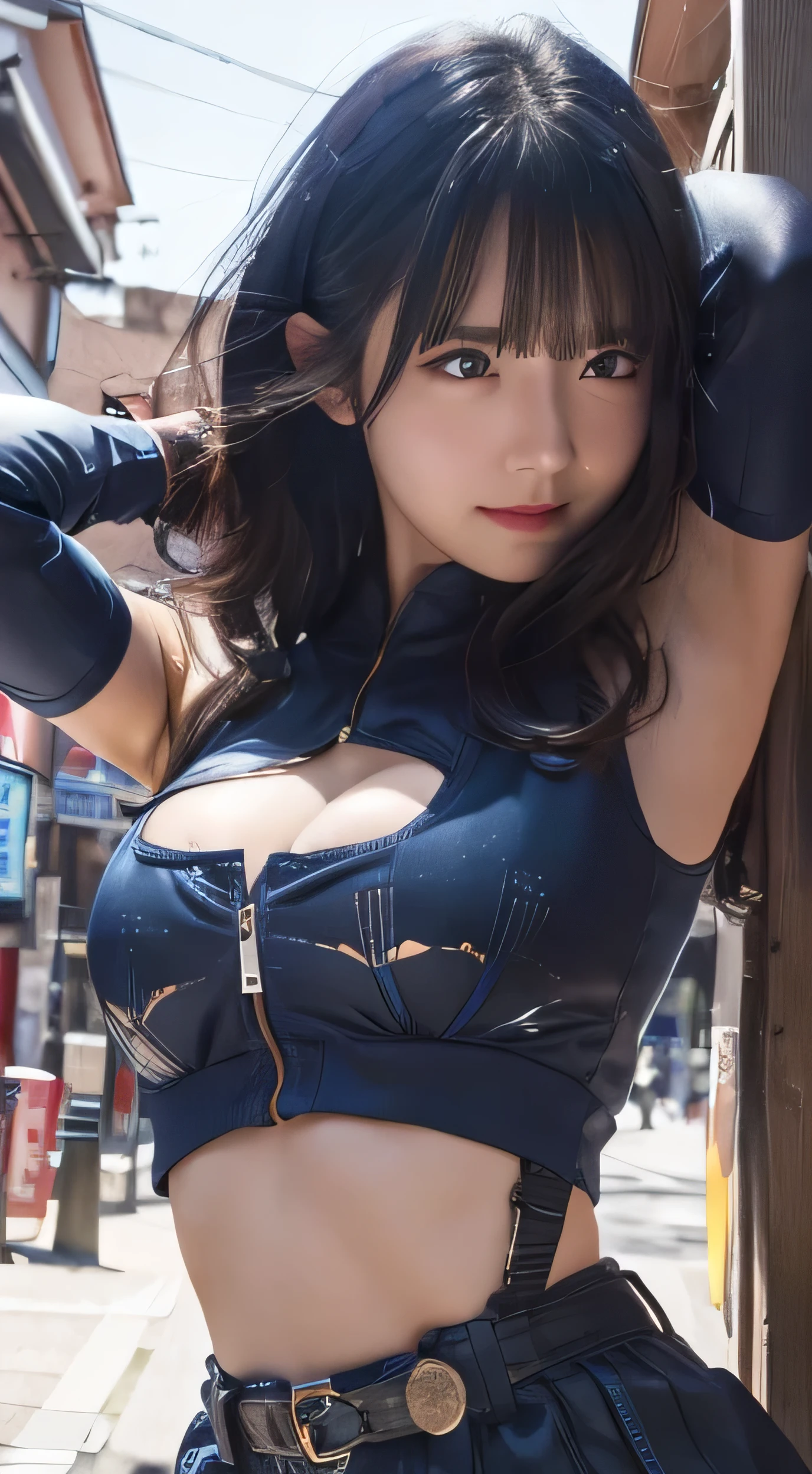 1girl, (blue_jacket, uniqlo), outdoors, detailed face, detailed eyes, perfect breasts, perfect body, detailed body, perfect Armpit, detailed Armpit, japan skin,darkblue hair, Blue eye, Seeing with love, (laughing cute: 0.3), (Curious), (8k, RAW photo, best quality, masterpiece: 1.2), (realistic, realistic: 0.51), ultra-high resolution