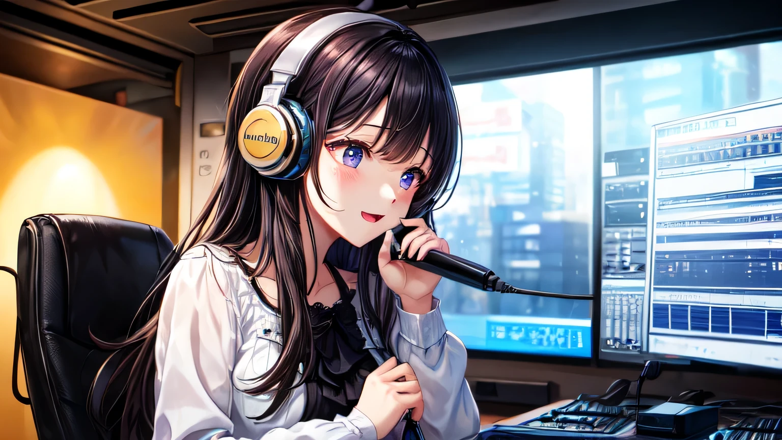Finest images、Radio Studio、30 generation women、medium long hair、headphone、recording、illumination、black hair、blouse、one person、hanging microphone