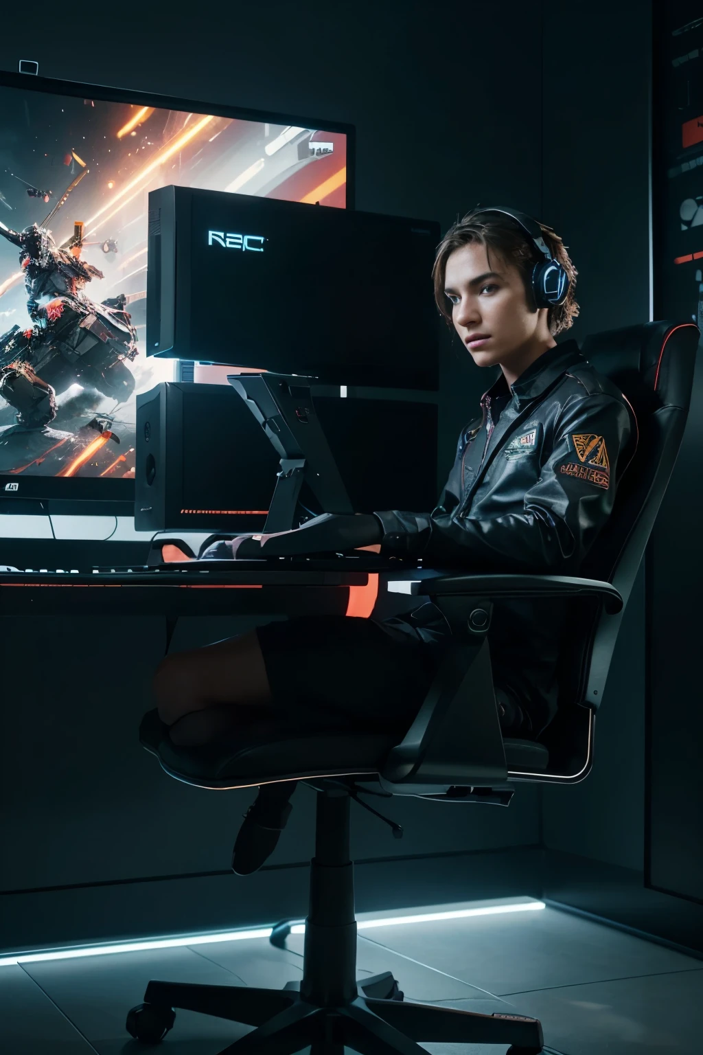 (best quality,4k,8k,highres,masterpiece:1.2),ultra-detailed,realistic:1.37,portrait,boy,gaming chair,ultra wide monitor,laptop,sharp focus,studio lighting,dark background,bokeh,game playing,immersive experience,high-performance,latest hardware,RGB lighting,technological,advanced cooling system,streaming setup,vivid colors,professional,enthusiastic gaze,high refresh rate,smooth gameplay,cinematic visuals,surround sound,comfortable seating,high resolution display,keyboard and mouse,multi-monitor setup,custom build,premium components,neon lights,laptop for on-the-go gaming,tower case,expansive field of view,focused expression,futuristic design,tech enthusiast,mind-blowing graphics,haptic feedback,RGB backlit keys