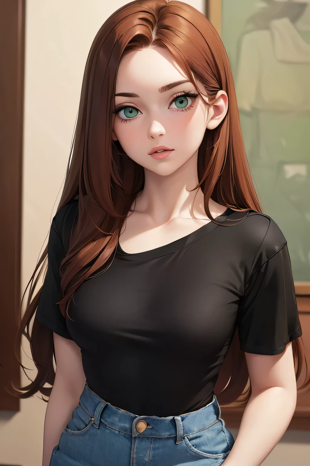 ((Masterpiece)) ((Beautiful)) ((Realistic)) ((Small Breasts)) ((Wide Hips)) ((Auburn Hair)) ((Long Hair)) ((Pale Skin)) ((Green Eyes)) ((Button Nose)) ((Full Lips)) ((Low Cut Camisole)) ((Pleated Skirt)) ((Round Face)) ((Young Woman)) ((High Angle)) ((upscale apartment)) ((Natural Lighting))
