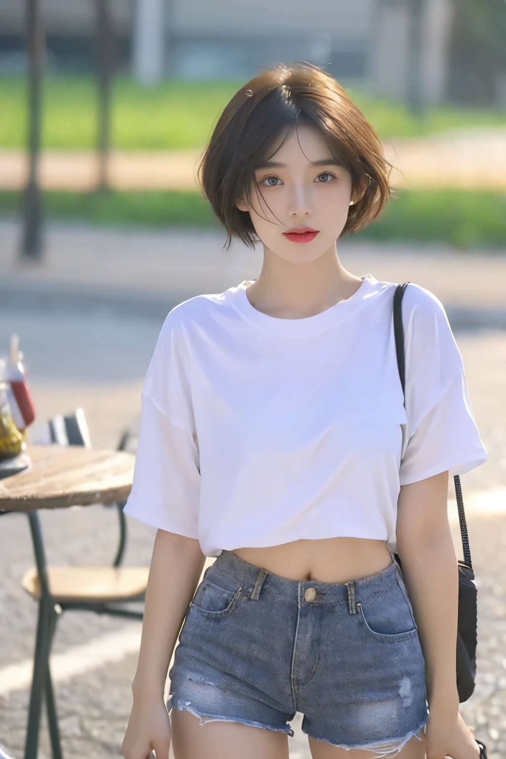 (high quality,4k,8k,highres,masterpiece:1.2),ultra-detailed,realistic,portrait,girl,girl with short hair,girl wearing white shirt,girl wearing black shorts,beautiful detailed eyes,beautiful detailed lips,short hair blowing in the wind,strong gaze,standing in front of a table,studio lighting,vivid colors,sharp focus