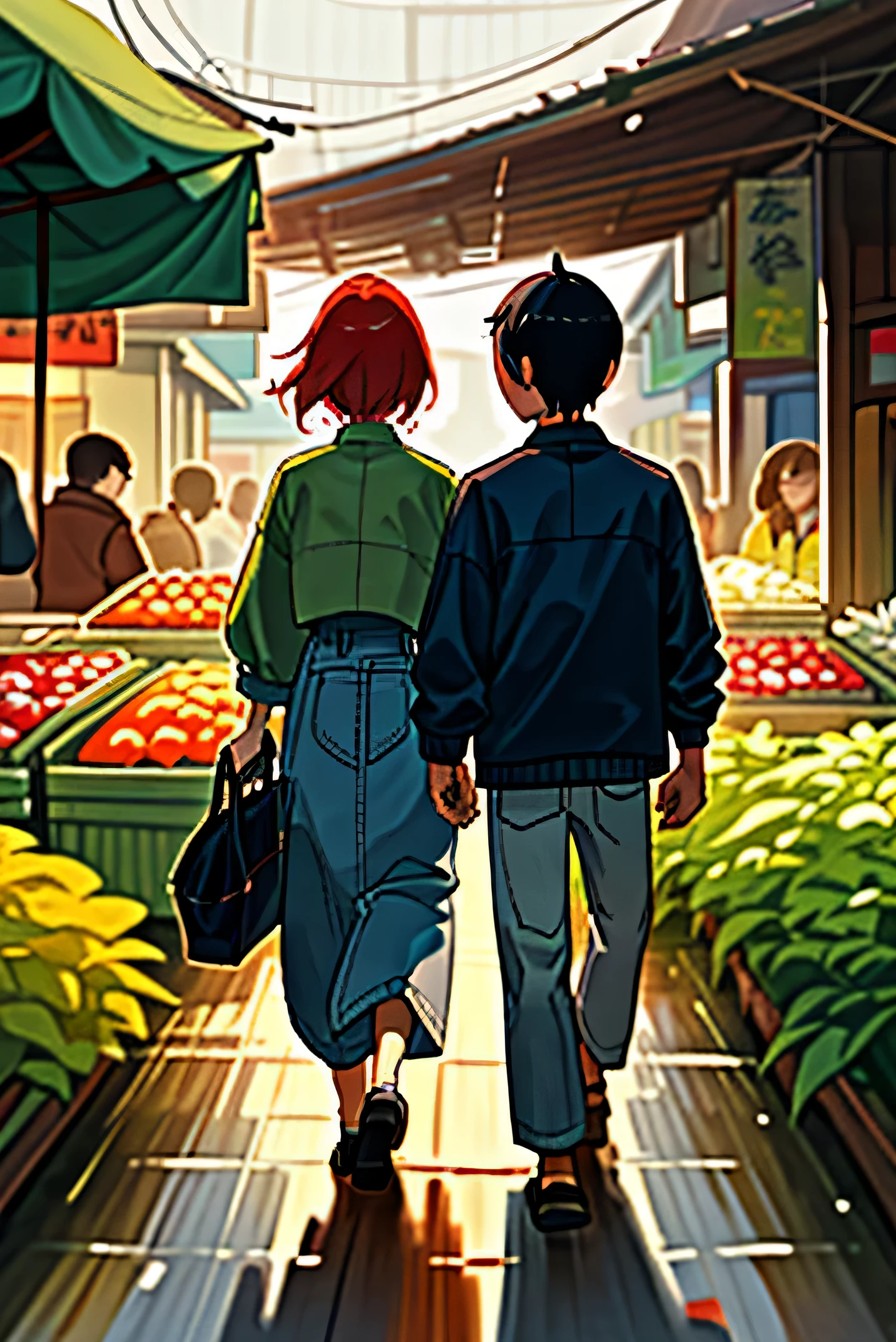 go to market,wet market,Two people,One man and one woman,wear casual clothes,rear view of character