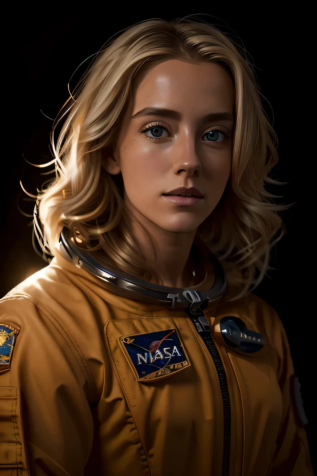 (mejor calidad) ((obra maestra)) (datallado) (hiper realistas) (rostro detallado) 25 year old woman, Pelo rubio, traje naranja de astronauta de la NASA, cuerpo completo, ultra detallado face, Obra maestra hiperrealista, cinematic shot, contraluz, dramatic lighting, Incandescente, soft lighting, ultra detallado, detalles intrincados, fondo del espacio , she floating in the vacuum of space
