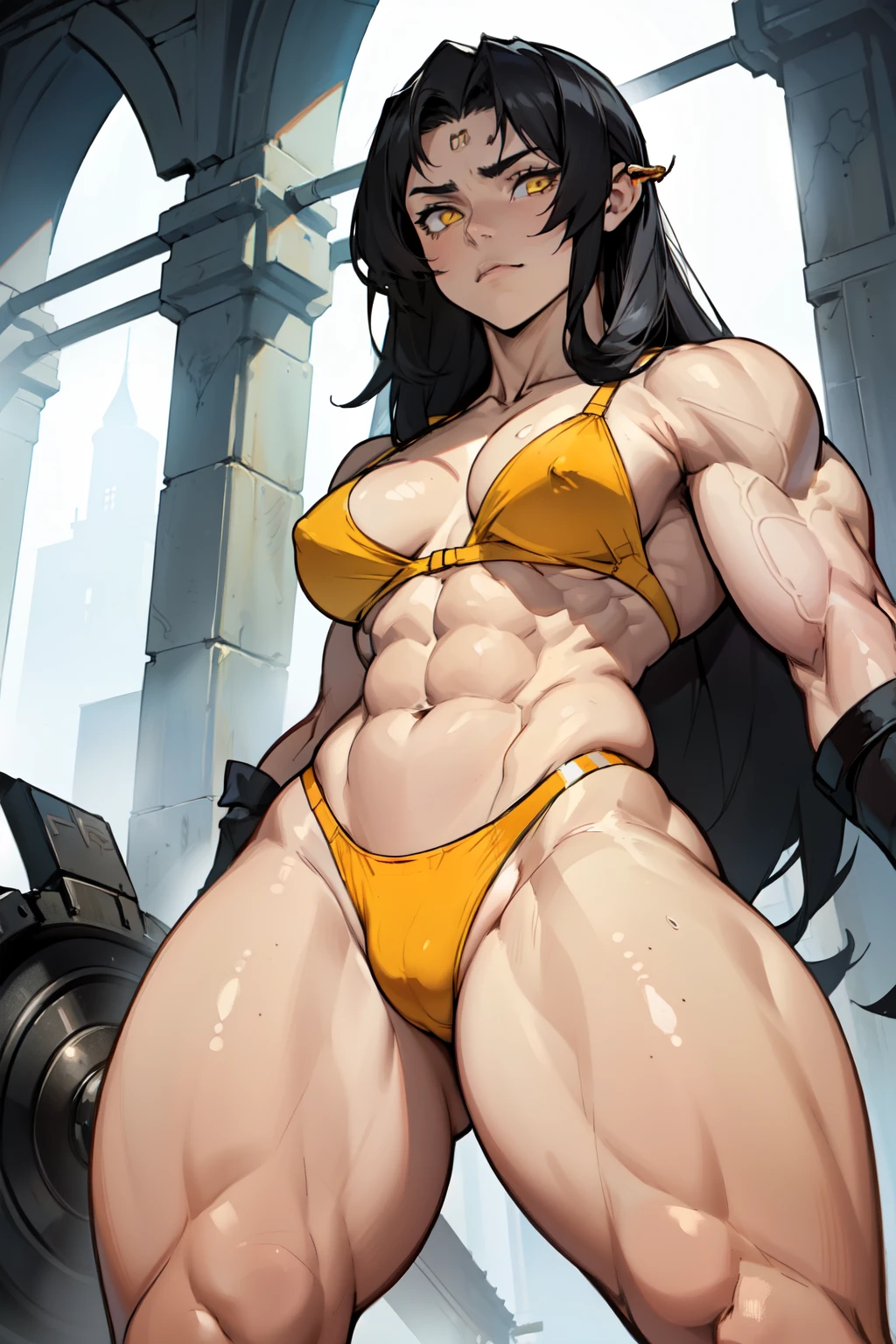 (((((muscular 1 girl thick thighs))))) small breasts black hair long hair (pale skin) solo yellow eyes thong tiny bra from below (contempt look)