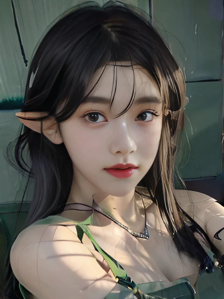 1girl、Green underwear only、naked、clavicle strengthening、green background、goblin、goblin、long wavy hair、green hair manicure、I can see the collarbone、purple lipstick、green hair、