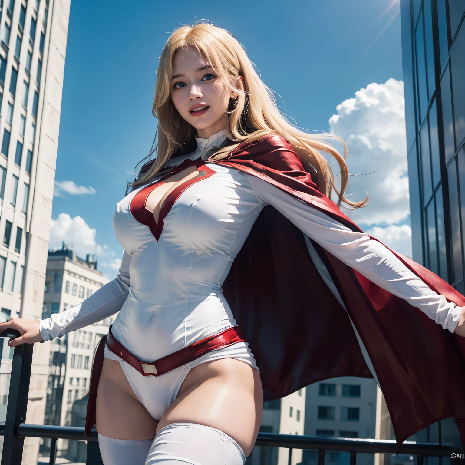 1girl, (Blue Eyes), (smiling :1.2), (Sana Minatozaki), wide hips, Big tits, big ass, (Best Quality, 8k, Masterpiece: 1.3), Clear Focus: 1.2, Perfect Body Beauty: 1.4, strong abs, Highly detailed face and skin texture, detailed eyes, double eyelids, (blond long hair :1.1), marvel, white superhero suit :1.3, super heroine, (red silk cape :1.2), cape flying in the wind, standing, dynamic pose, on top of a building, city in the background