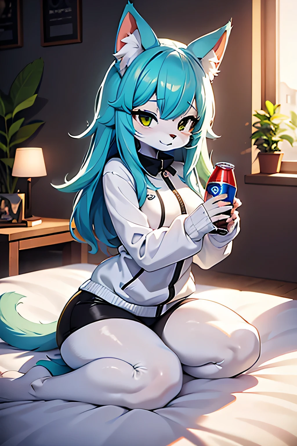 gato peludo, piel blanca, cara ultra linda, cabello color cafe claro, sudadera negra, un ojo verde y el otro azul, orejas de gato cafe, pechos grandes, piernas gordas, cola cafe clara, hembra, sola, en una cama, con calcetas a rayas verdes y blancas, cola cafe claro, cabello semi corto, kemono peludo