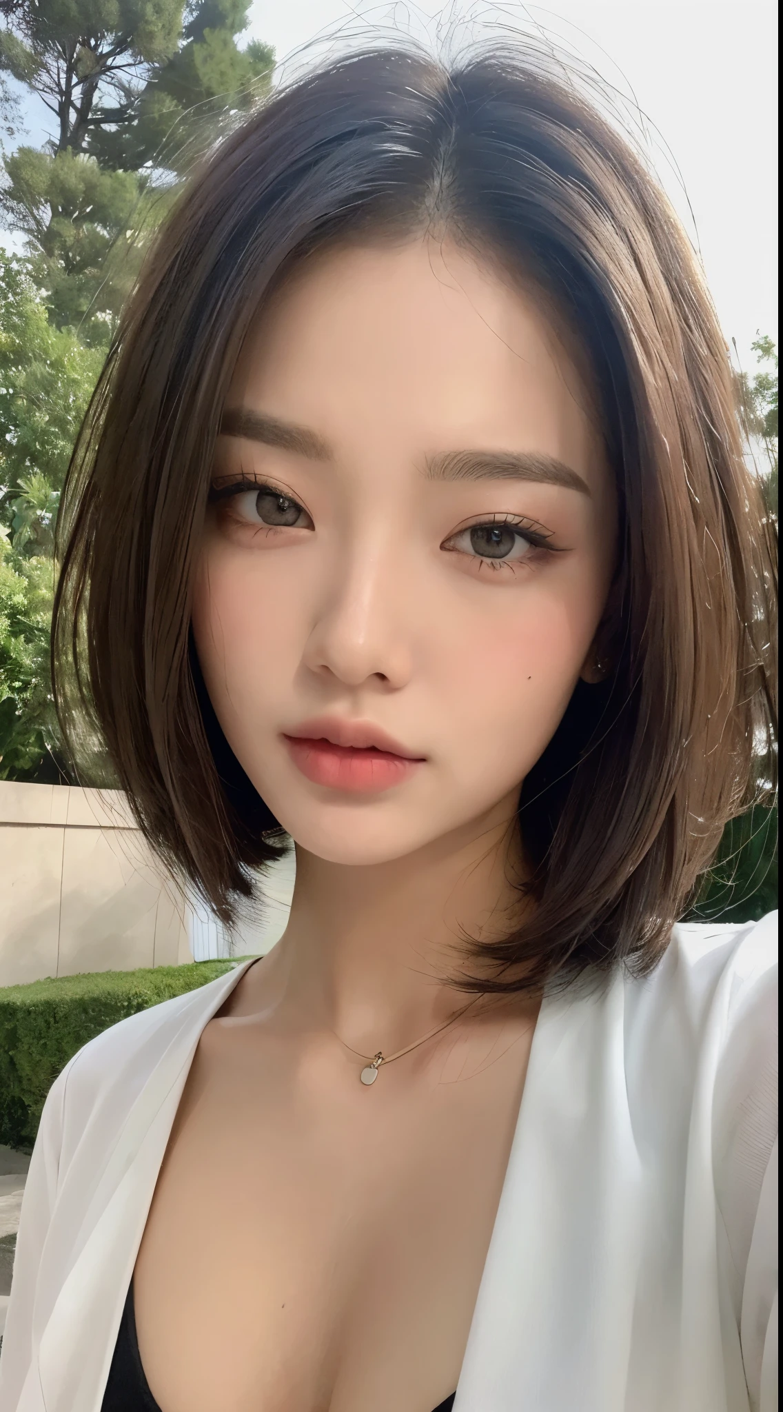 ((best quality, 8 thousand, masterpiece: 1.3)), sharp: 1.2, perfect body beauty: 1.4, slim abs: 1.2, ((layered hairstyle, big bust: 1.2)), (wet White Button Long Shirt: 1.1), (rain, distance: 1.2), wet: 1.5, Highly detailed face and skin textures, detailed eyes, double eyelid, Side face looking at the camera