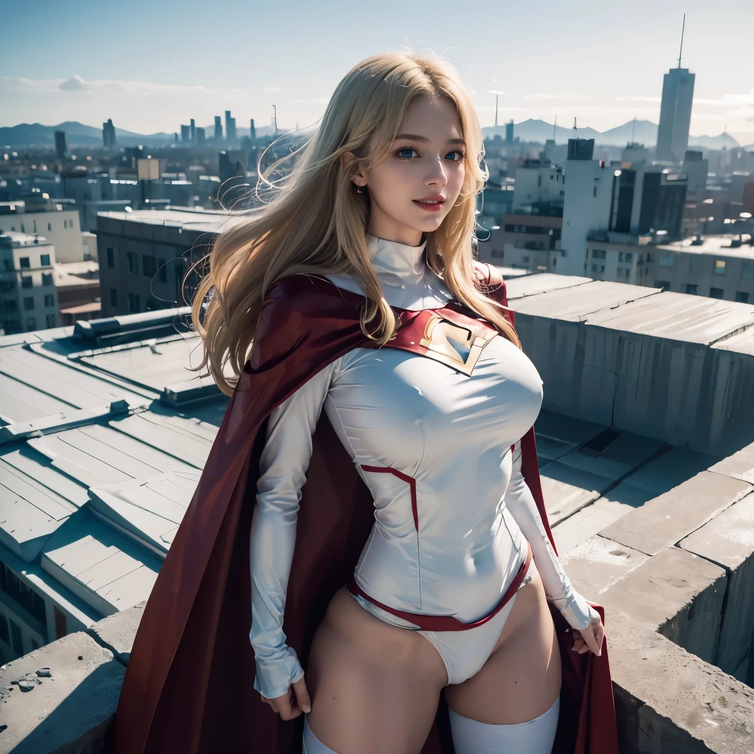 1girl, (Blue Eyes), (smiling :1.2), (Sana Minatozaki), wide hips, Big tits, big ass, (Best Quality, 8k, Masterpiece: 1.3), Clear Focus: 1.2, Perfect Body Beauty: 1.4, strong abs, Highly detailed face and skin texture, detailed eyes, double eyelids, (blond long hair :1.1), marvel, white superhero suit :1.3, super heroine, (red silk cape :1.2), cape flying in the wind, standing, dynamic pose, on top of a building, city in the background