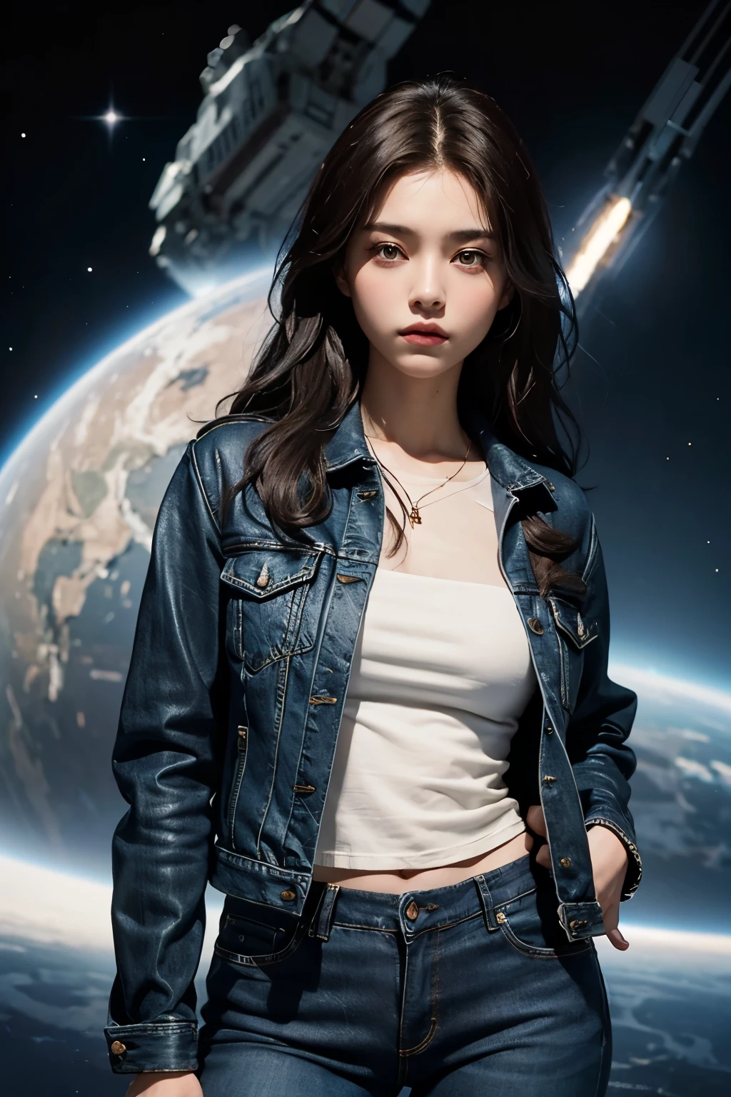 A beautiful woman. Twenty-three years old. Dark brown hair. She wears blue jeans with her jacket. She is looking at the camera with a defiant expression. An image of a giant space battleship and outer space in the space behind her.
