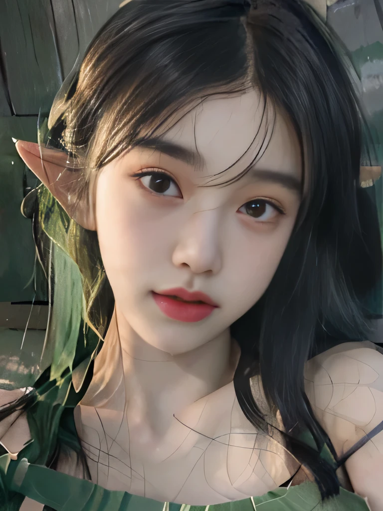 １girl、Green underwear only、naked、clavicle strengthening、green background、goblin、goblin、long wavy hair、green hair manicure、I can see the collarbone、purple lipstick、green hair、