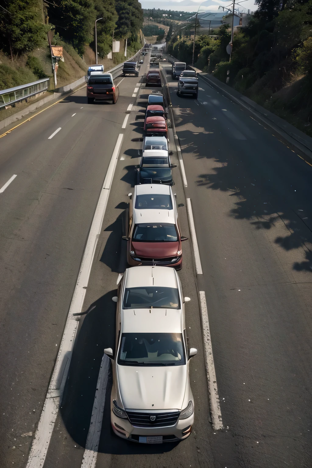 Visualize a scene where a car is stopped on a steep hill, with a row of vehicles stacked behind him. The camera is positioned facing the hill, capturing the slope of the road and the line of cars stretching along it. The atmosphere is tense, with impatient drivers honking and gesturing while waiting for the situation to be resolved.