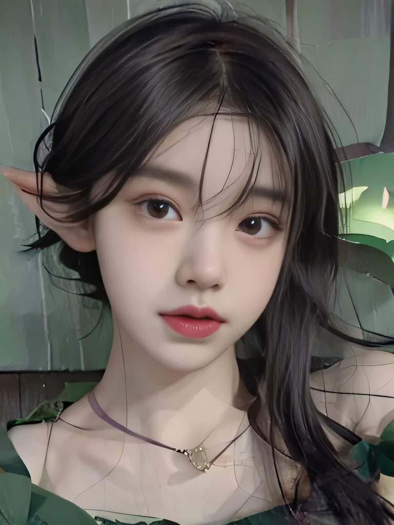 １girl、Green underwear only、naked、clavicle strengthening、green background、goblin、goblin、long wavy hair、green hair manicure、I can see the collarbone、purple lipstick、green hair、